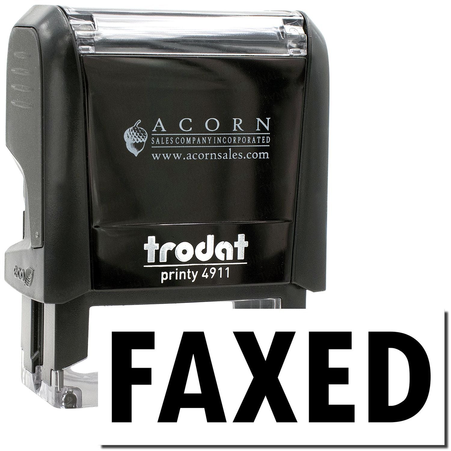 Black Trodat Printy 4911 self-inking faxed stamp with Acorn Sales branding on white background
