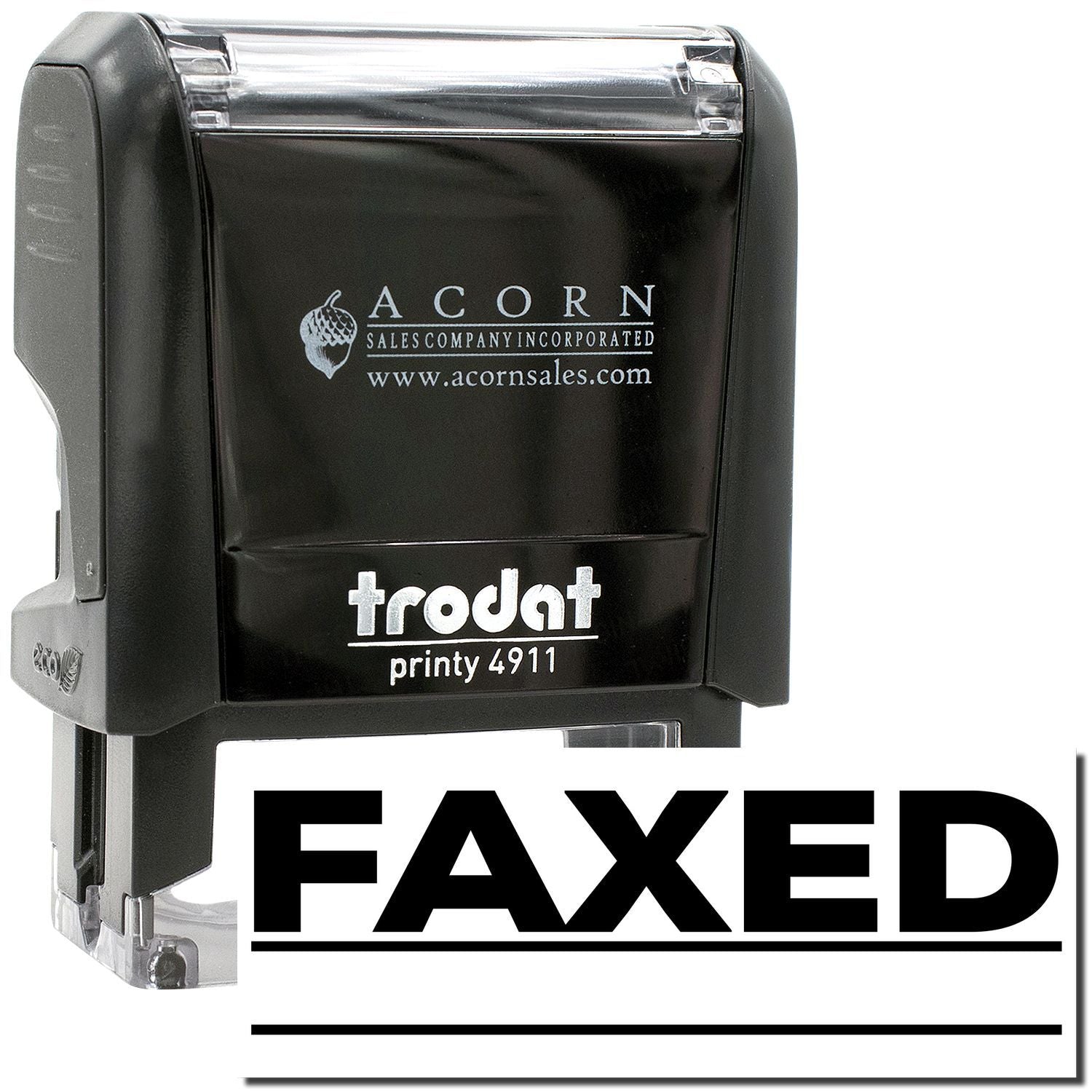Black Trodat Printy 4911 self-inking FAXED stamp by Acorn Sales, office document marking tool