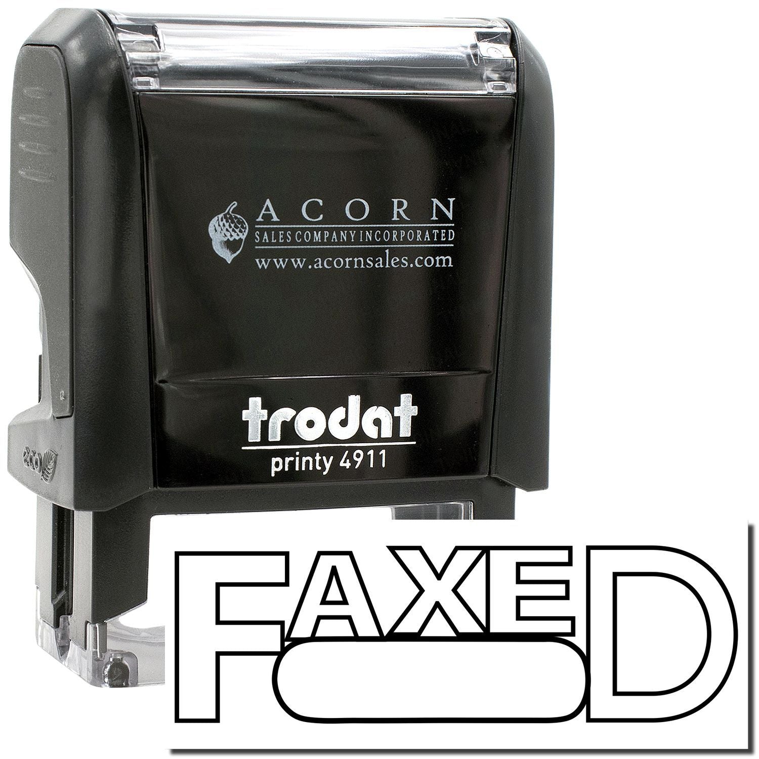 Black Trodat Printy 4911 self-inking FAXED stamp with Acorn Sales branding on white background.