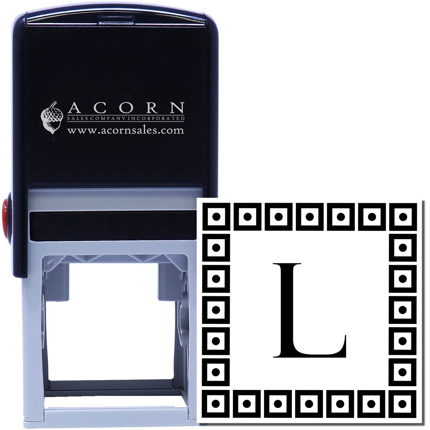 Self-inking custom rubber stamp with decorative square border and large L monogram for personalized business use.