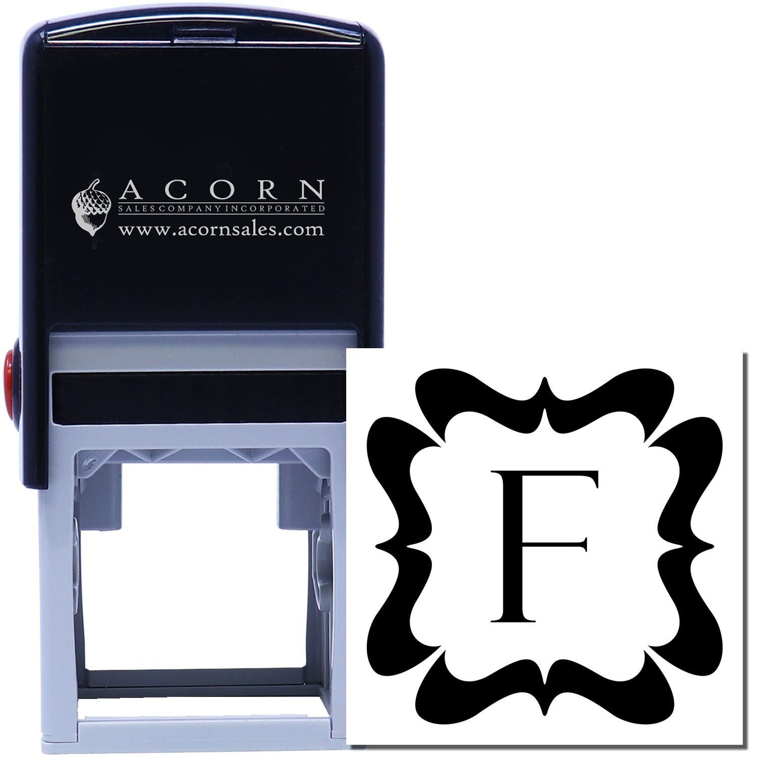 Custom self-inking rubber stamp with decorative monogram F, ideal for personalized business branding and stationery.