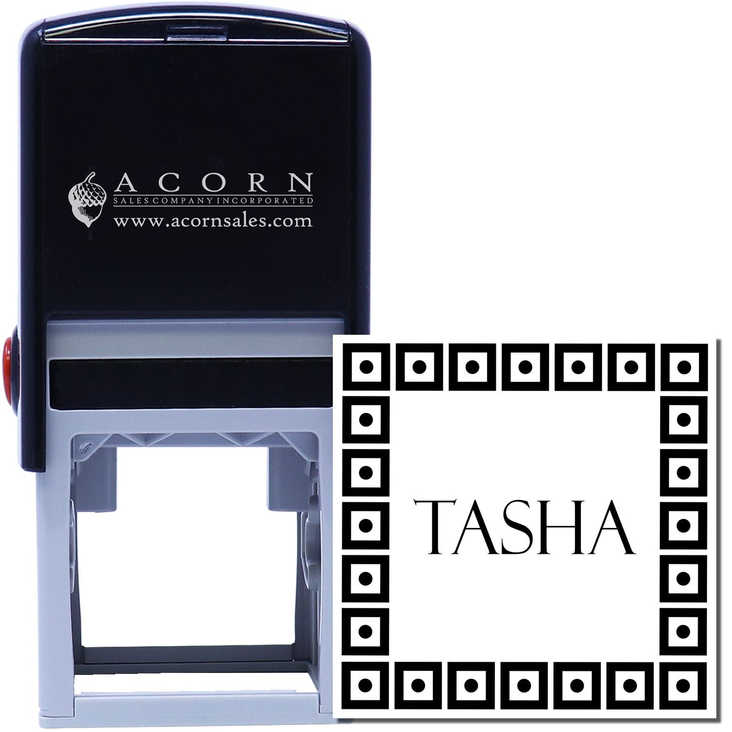Custom self-inking rubber stamp with decorative border and personalized Tasha name design for office or craft use