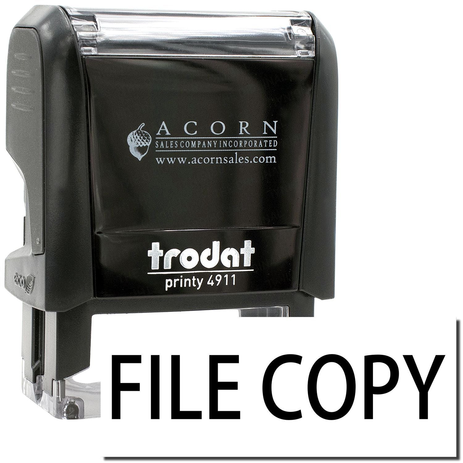 Trodat Printy 4911 self-inking stamp with Acorn Sales Company logo, black custom rubber stamp file copy mark