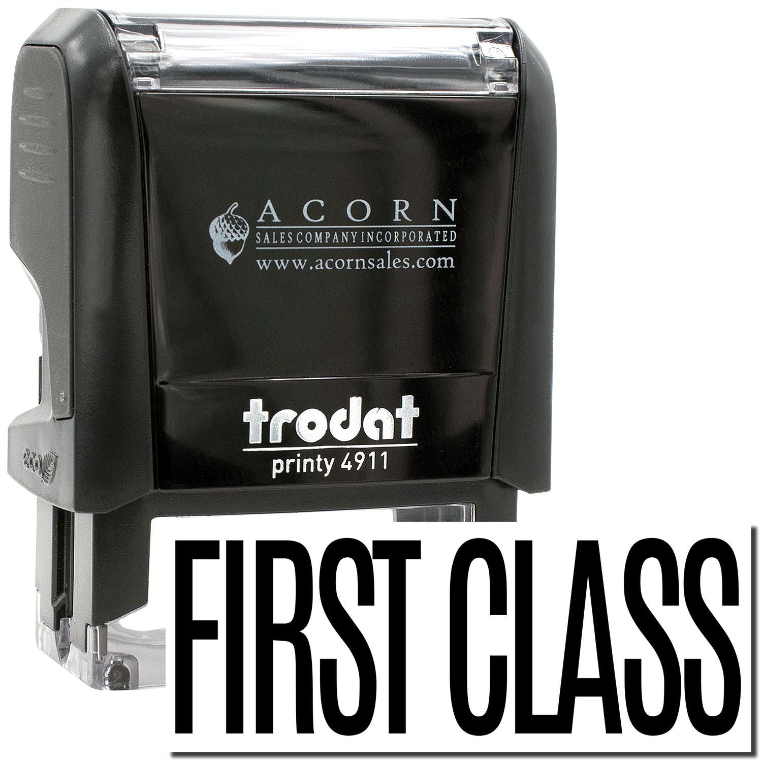 Black Trodat Printy 4911 self-inking first class stamp with Acorn Sales Company branding