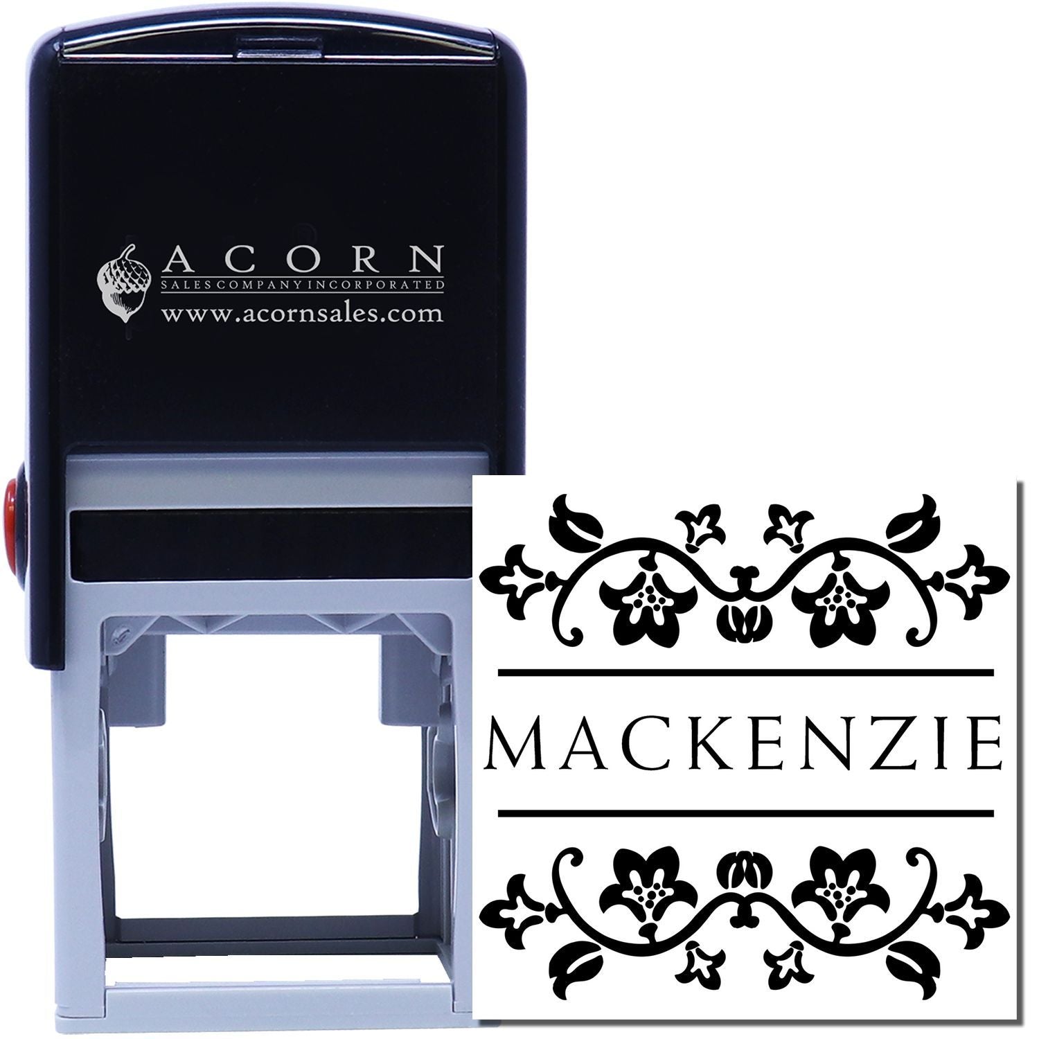 Personalized self-inking rubber stamp with ornamental floral border and Mackenzie name design for custom monogram stamping