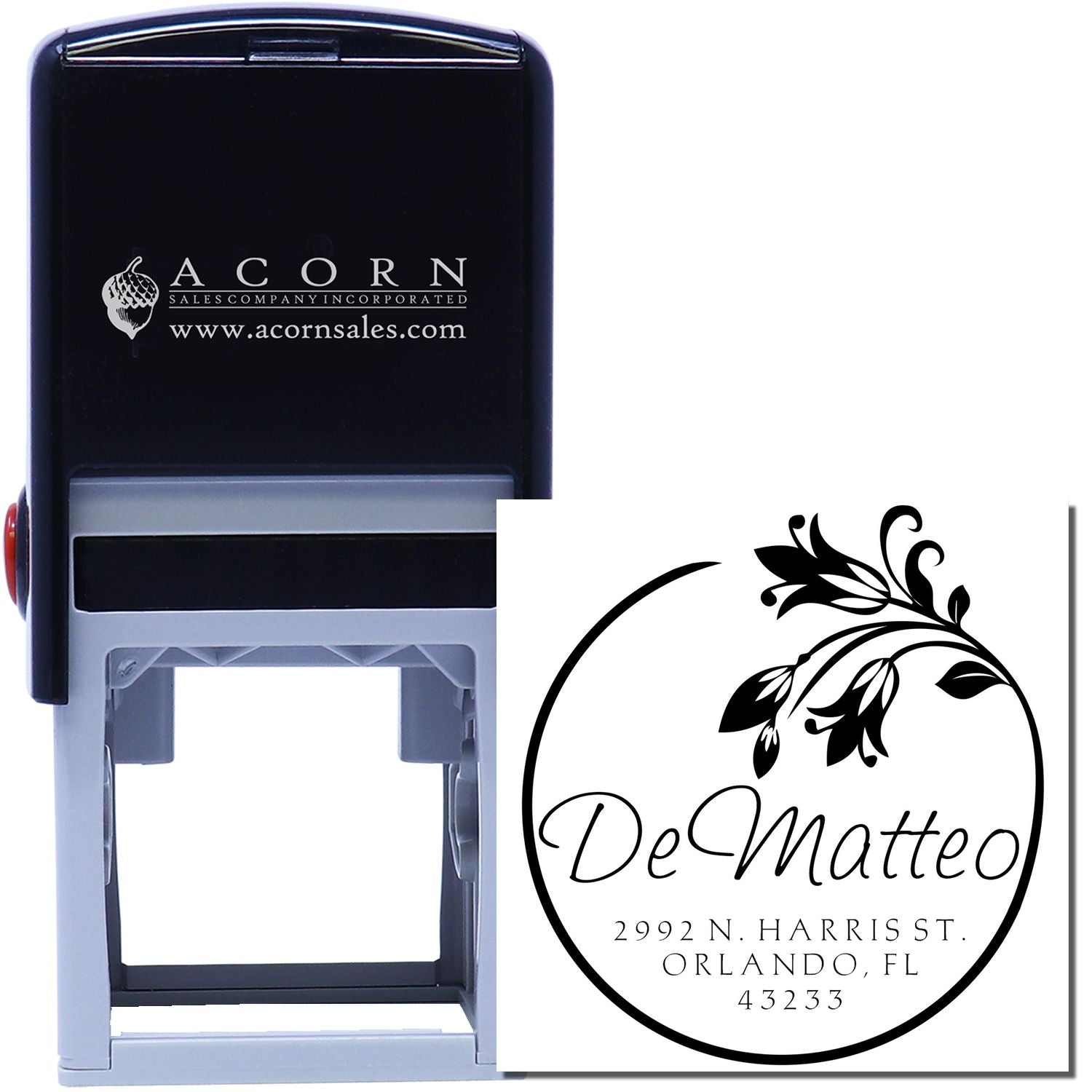 Custom self-inking rubber address stamp for DeMatteo, featuring floral circle design and Orlando, FL return address.
