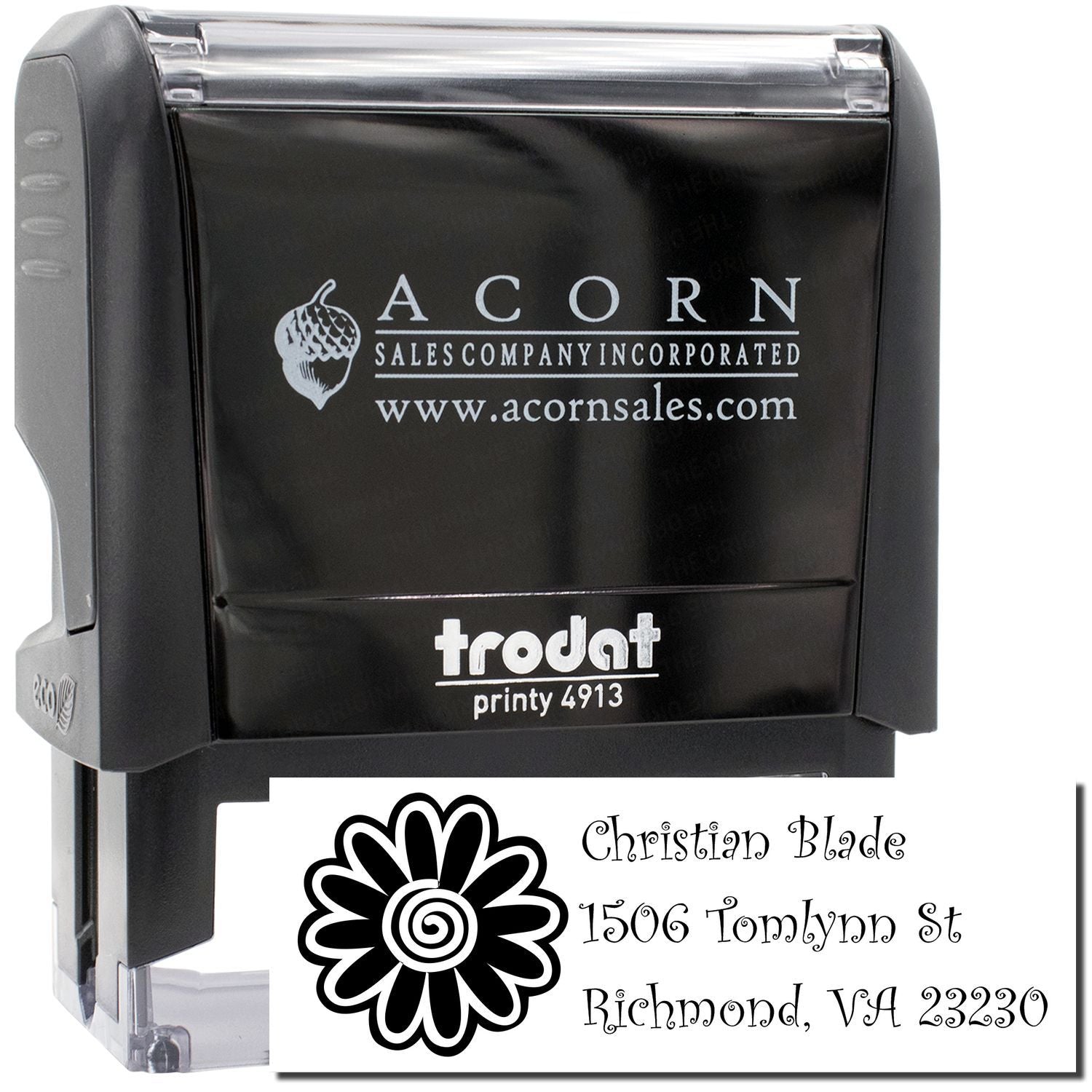 Custom self-inking address rubber stamp with floral logo for business mailing, return addresses, and personalized branding.