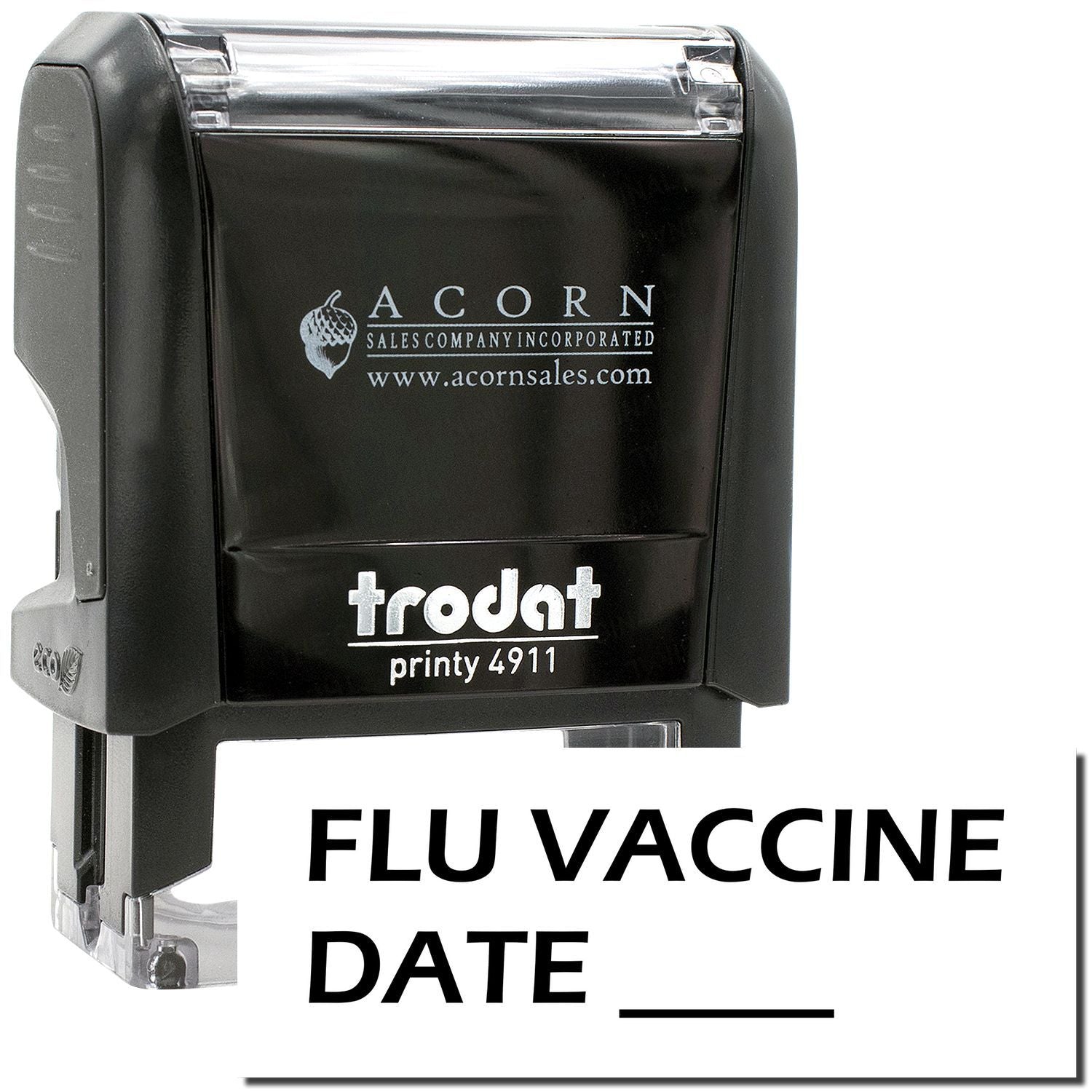 Trodat Printy 4911 flu vaccine date self-inking stamp with Acorn Sales logo.