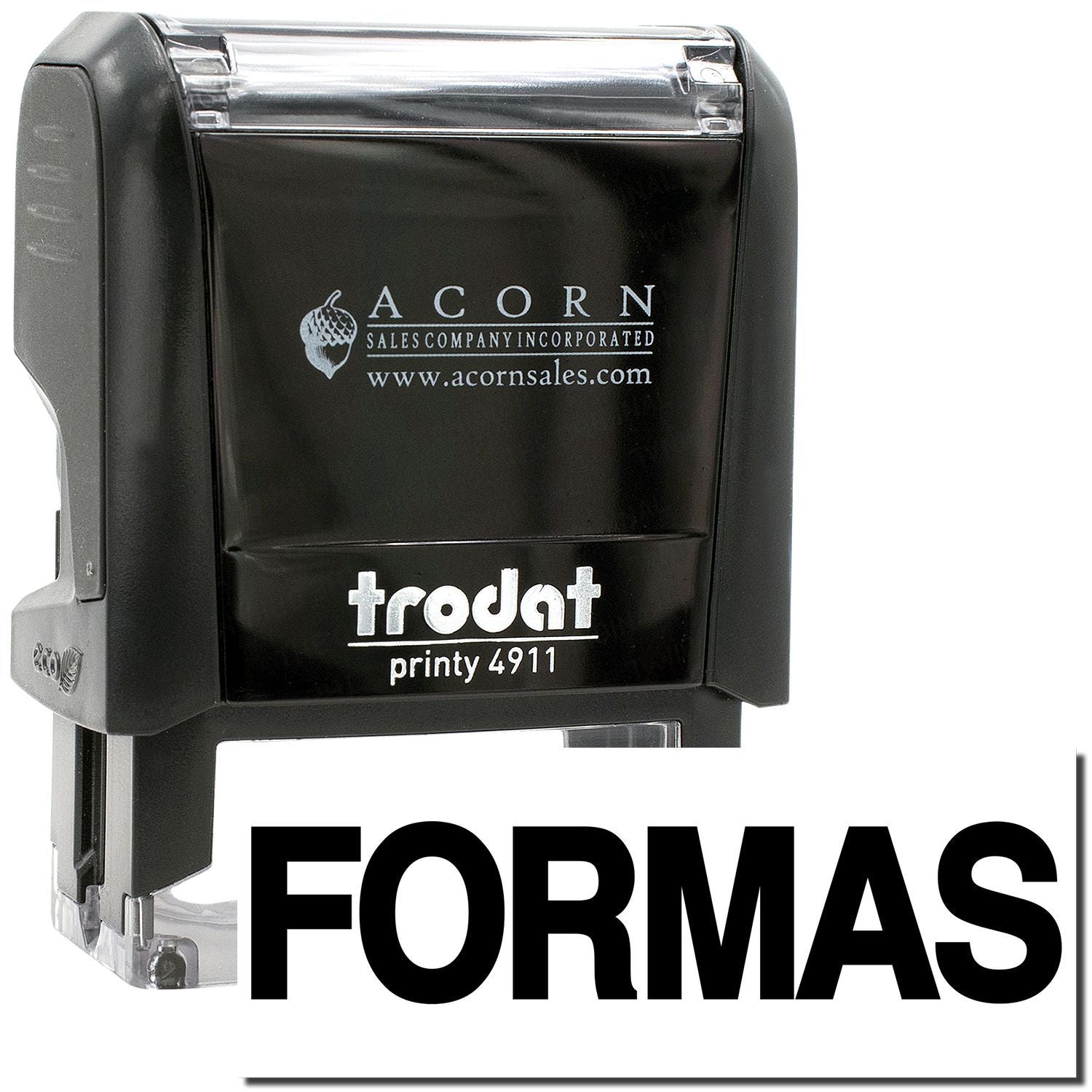 Black Trodat Printy 4911 custom forms stamp by Acorn Sales Company with clear self-inking design.