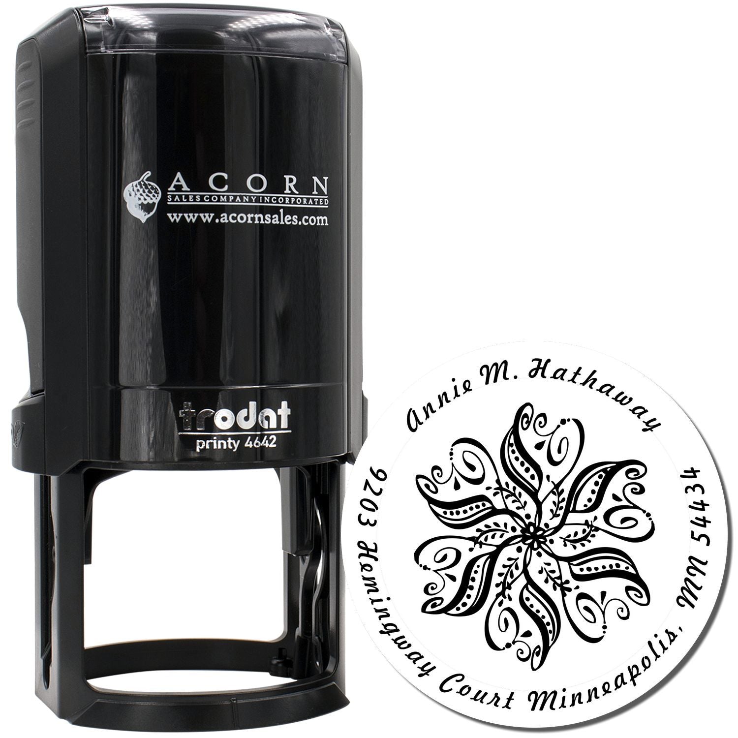 Custom self-inking rubber stamp with decorative round logo design for business branding and address use