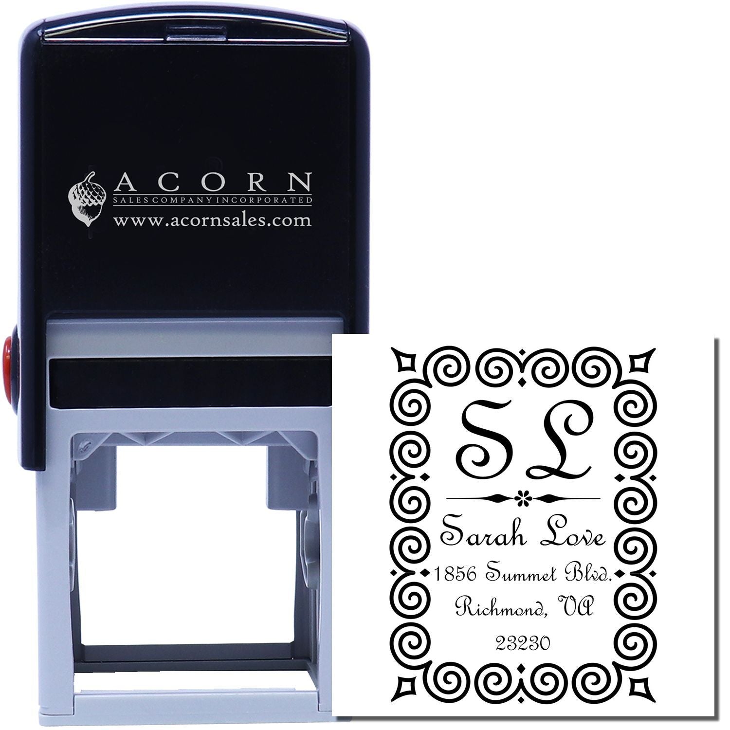 Custom self-inking rubber stamp with decorative monogram return address design for Sarah Love, Richmond, VA.