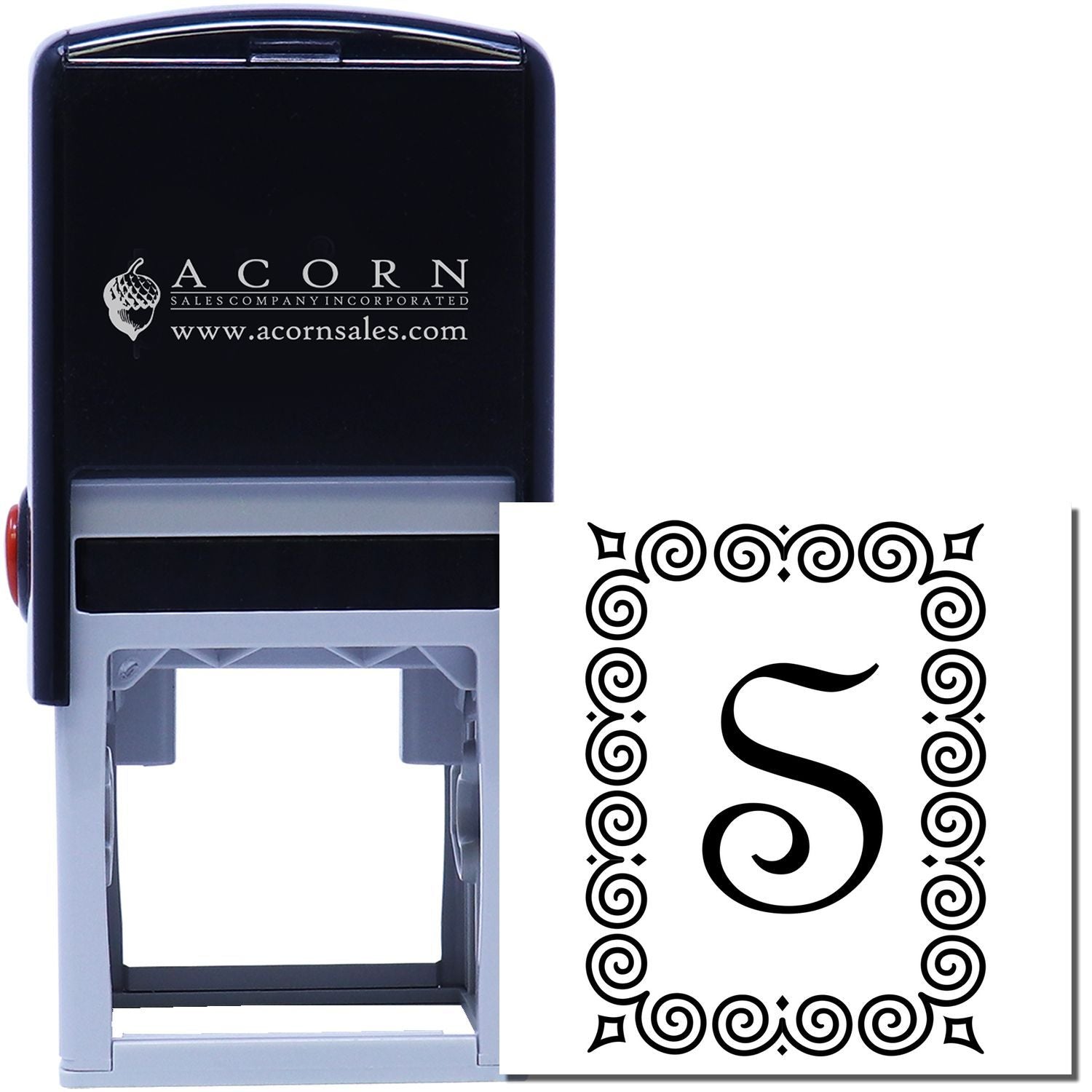 Custom self-inking rubber stamp with ornate initial S monogram design