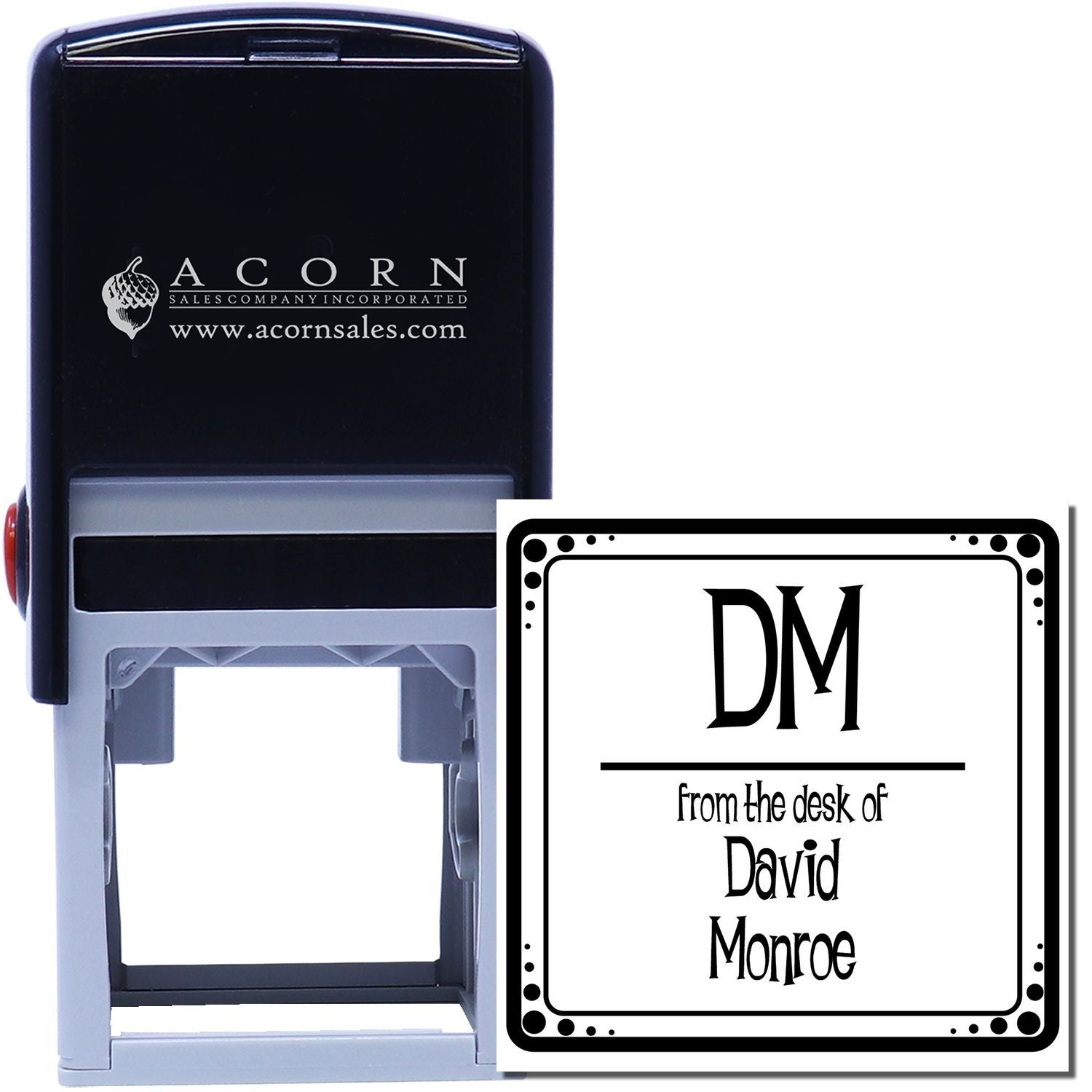 Custom self-inking rubber stamp with monogram DM and From the Desk of David Monroe personalized office imprint.