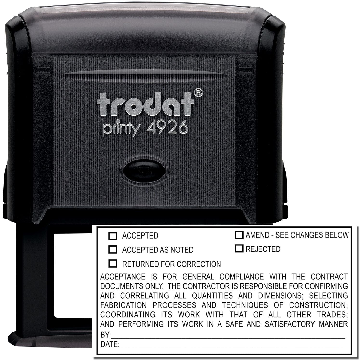 Trodat Printy 4926 self-inking approval stamp with accepted, rejected, and return for correction form text