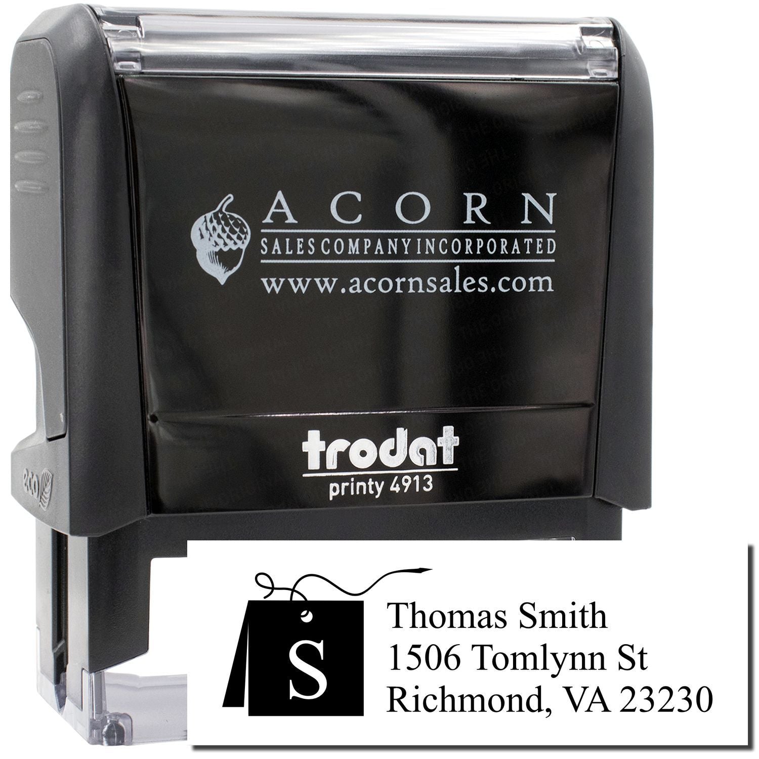 Custom self-inking address rubber stamp with logo, business name, and mailing details for branding.