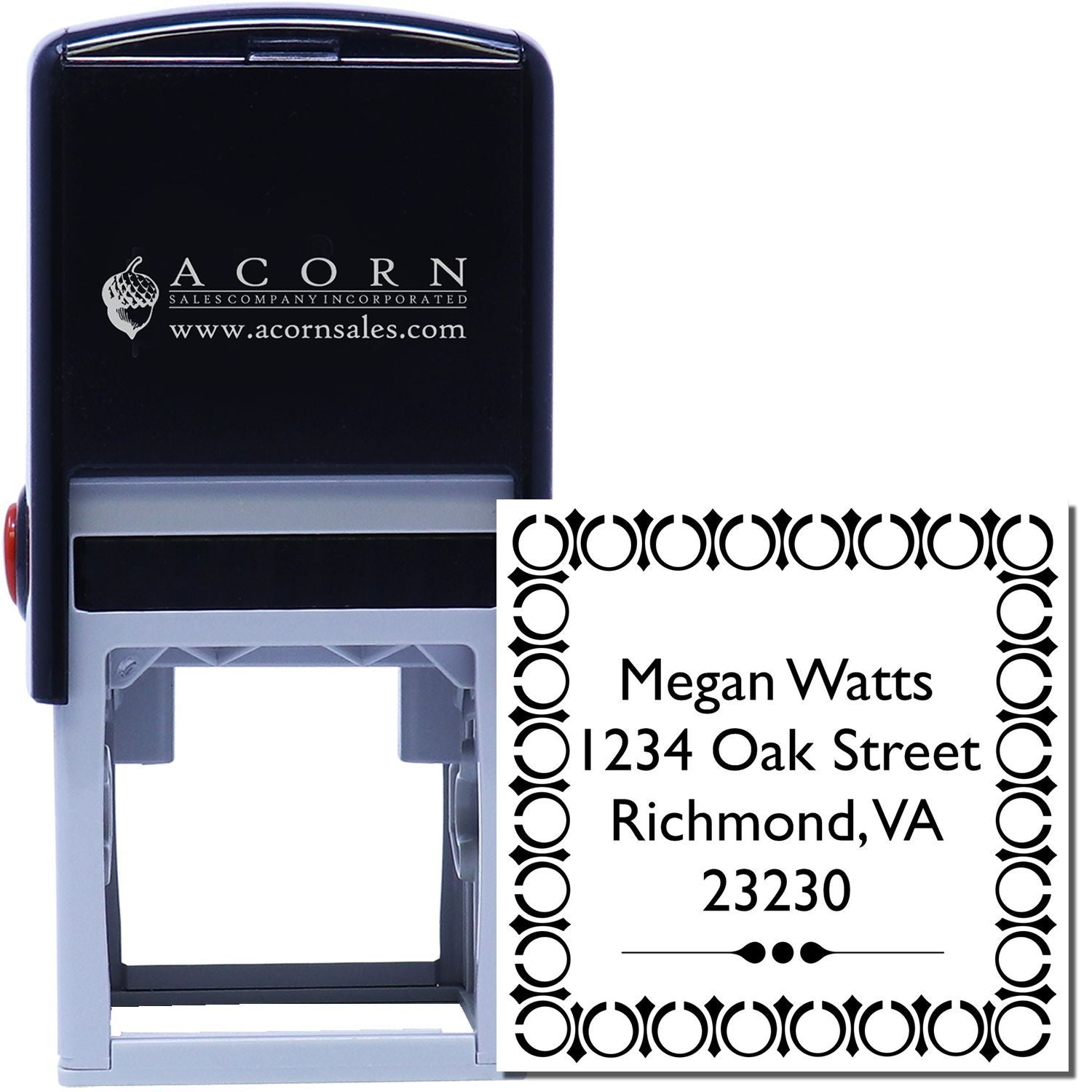 Custom self-inking address stamp with decorative border, showing Megan Watts mailing address for envelopes and personal mail.