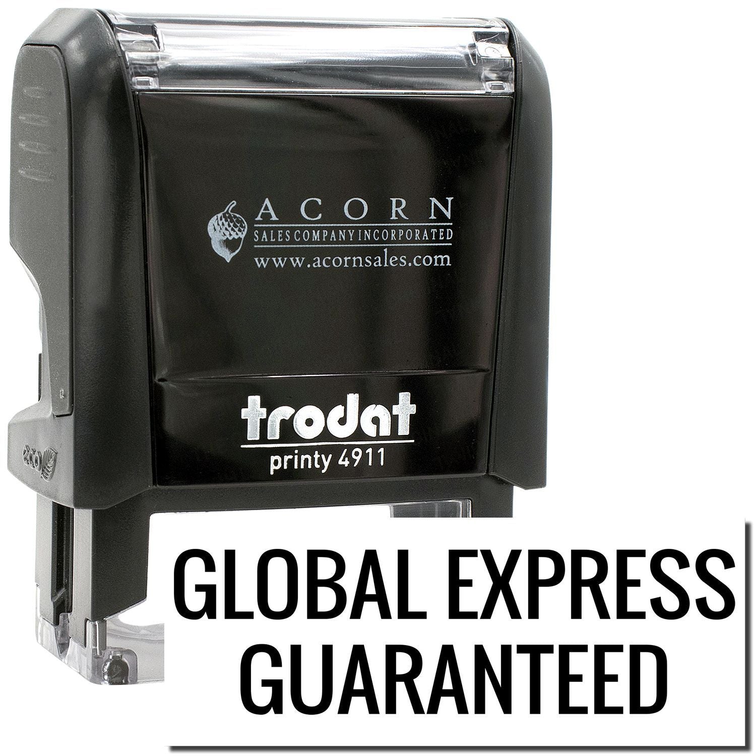 Trodat Printy 4911 self-inking stamp with Global Express Guaranteed logo, black Acorn Sales office stamp.