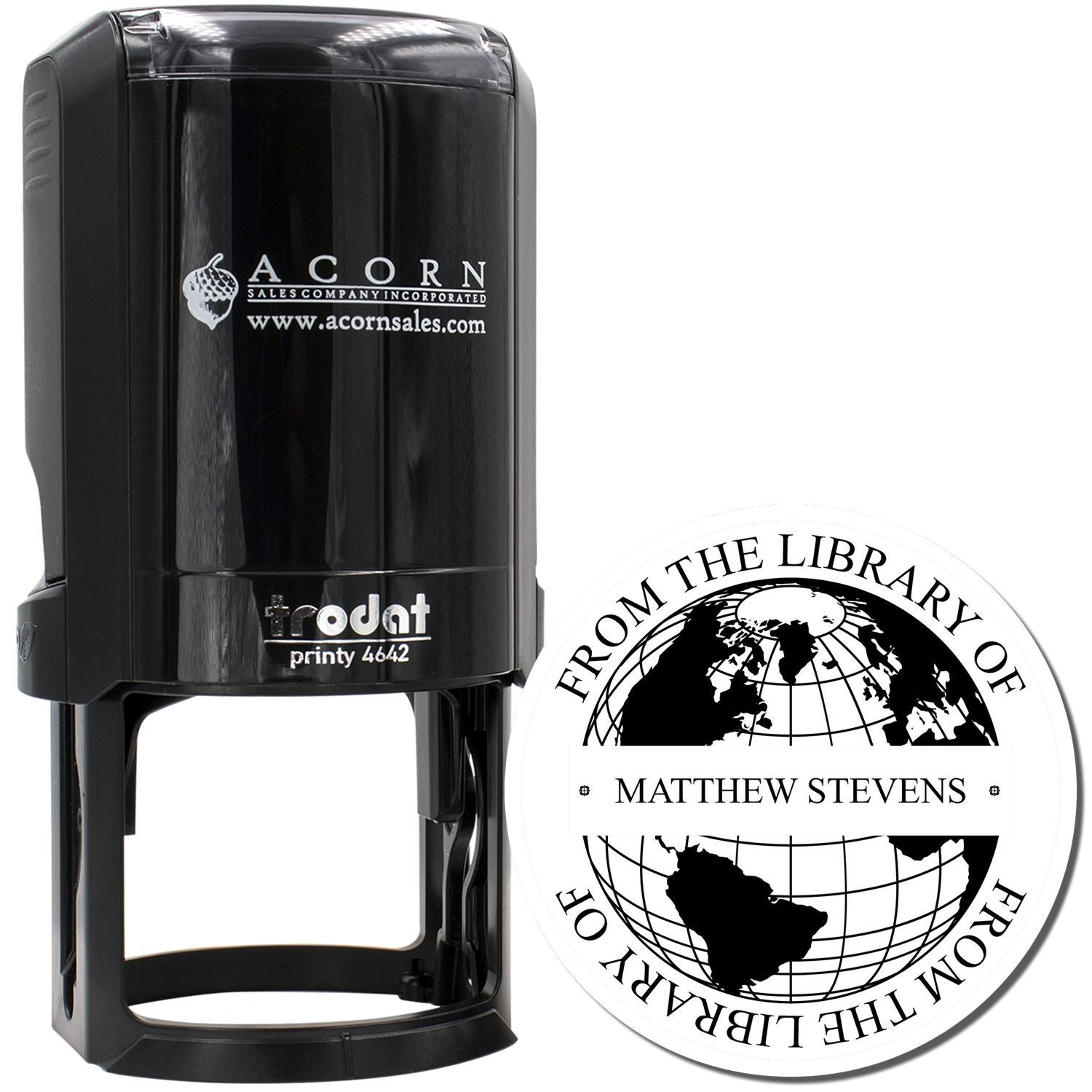 Custom self-inking rubber stamp with personalized round library stamp design and name imprint for book marking.