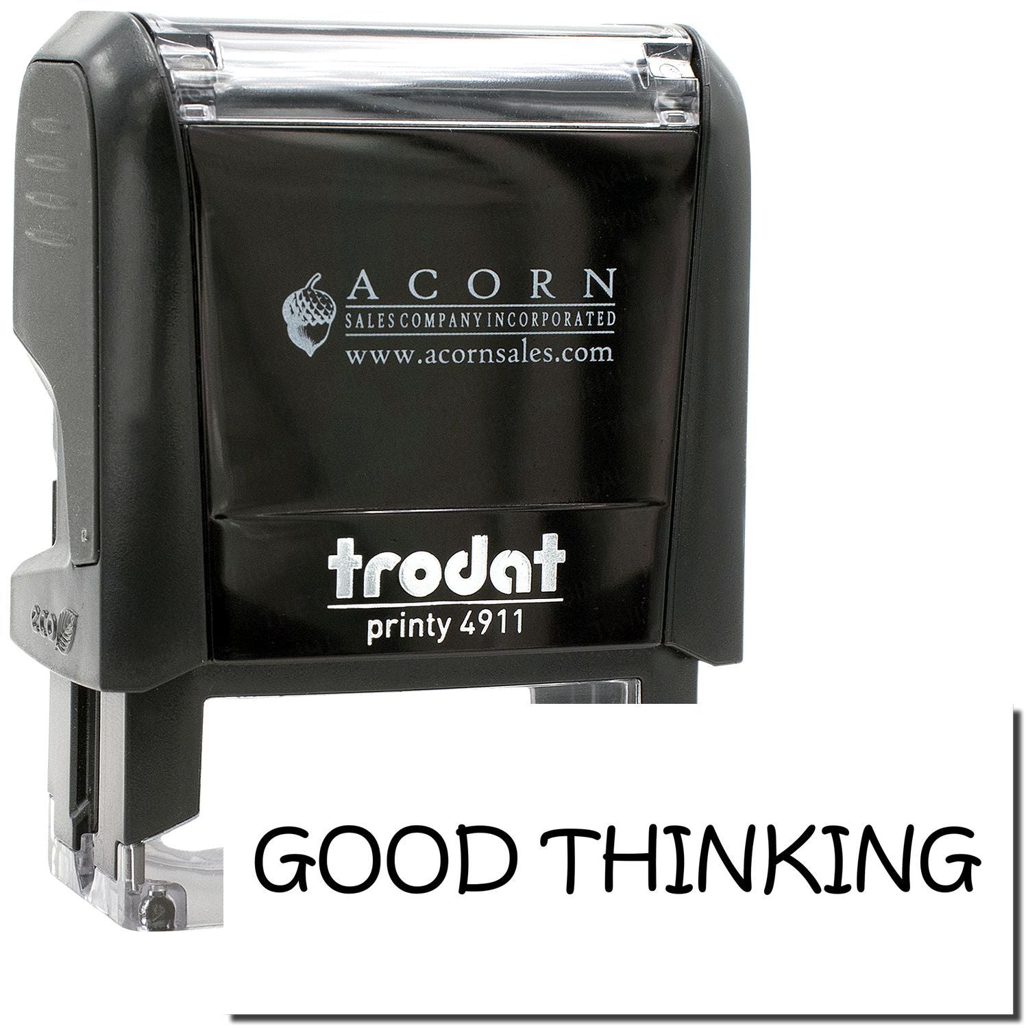 Black Trodat Printy 4911 self-inking stamp with Acorn Sales logo and Good Thinking text.