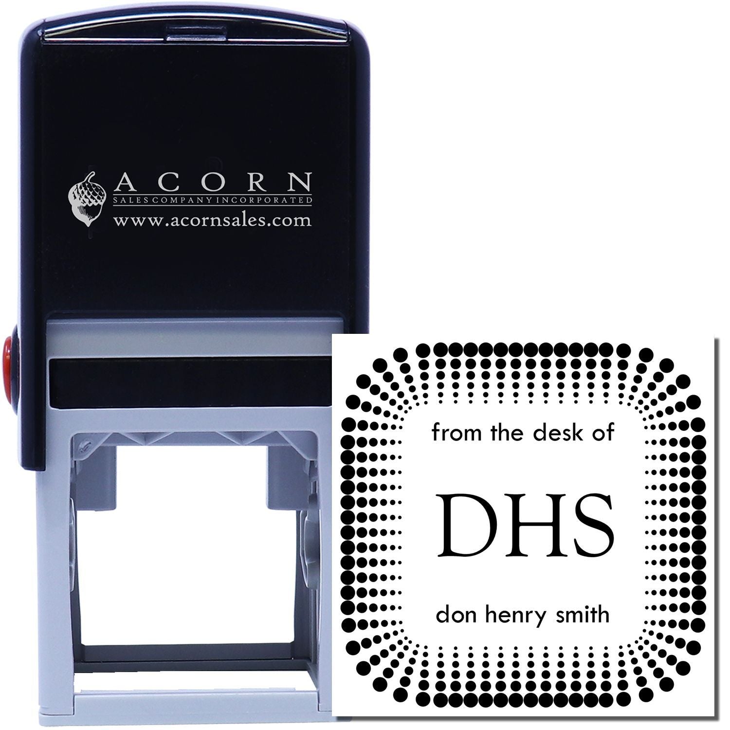 Custom self-inking rubber stamp with From the Desk of DHS and Don Henry Smith text for personalized office use.
