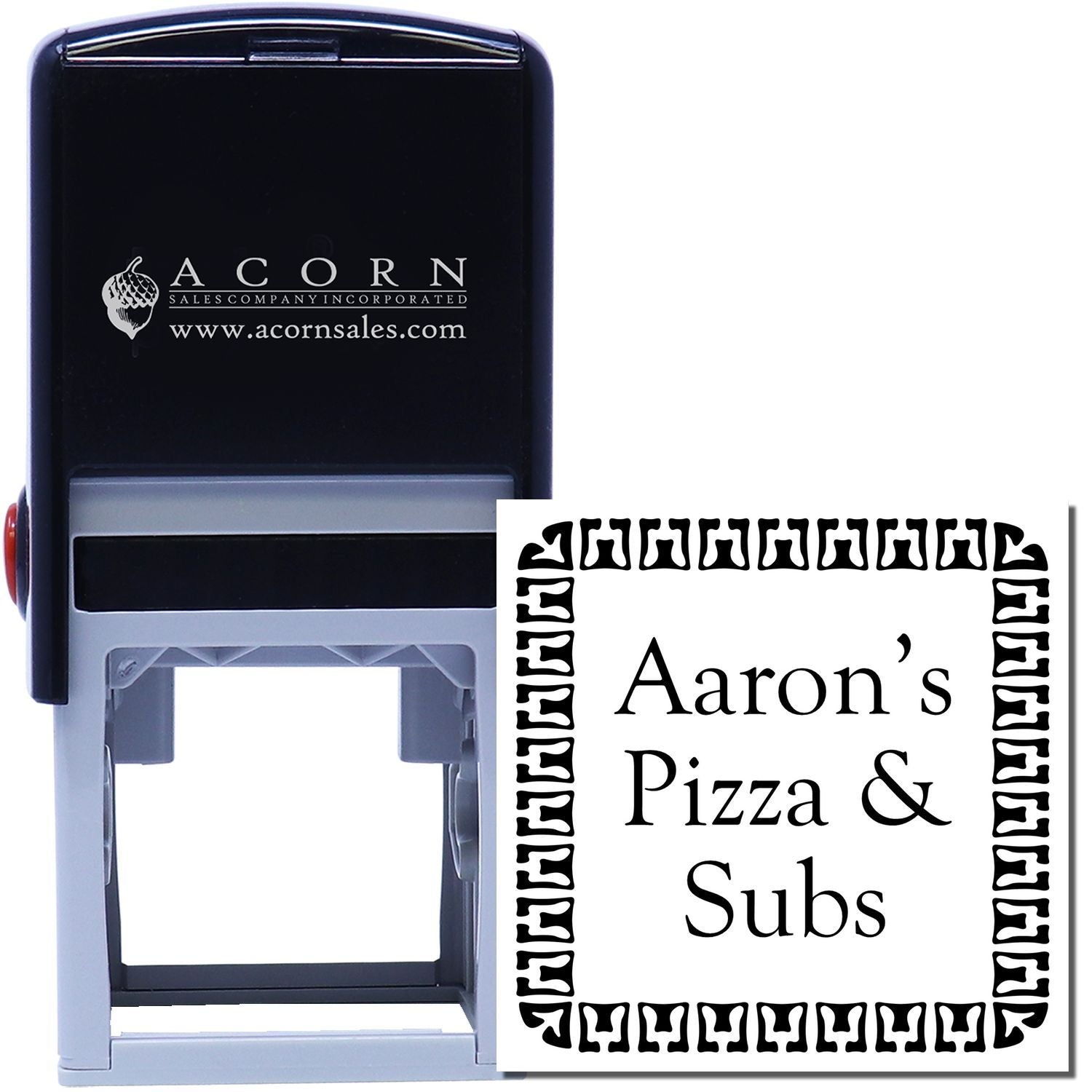 Custom self-inking rubber stamp for Aarons Pizza & Subs, featuring a decorative border and business name imprint.