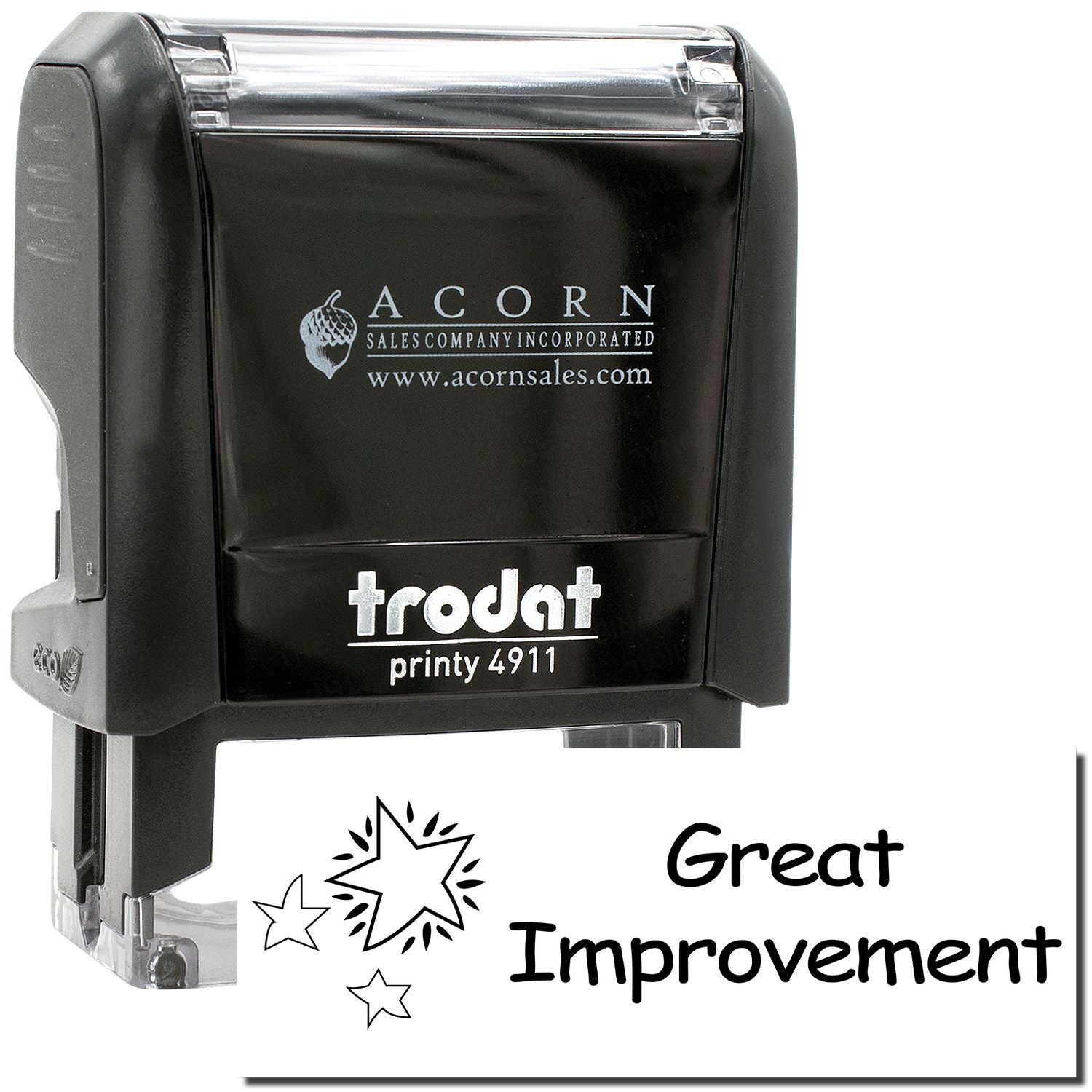 Black Trodat Printy 4911 self-inking stamp showing Great Improvement with star icons and Acorn Sales Company branding.
