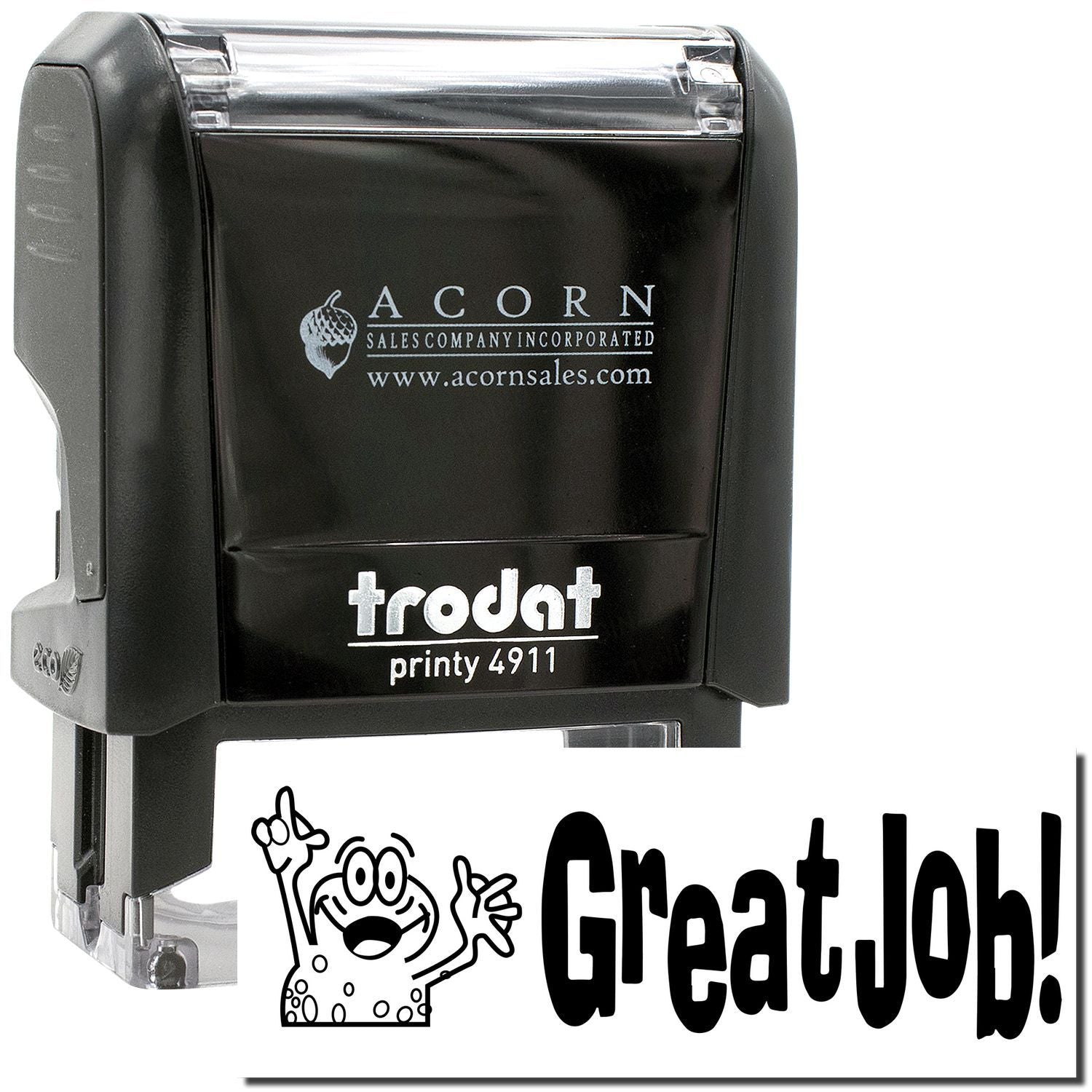 Trodat Printy 4911 self-inking stamp with Acorn Sales branding and Great Job! custom imprint design.