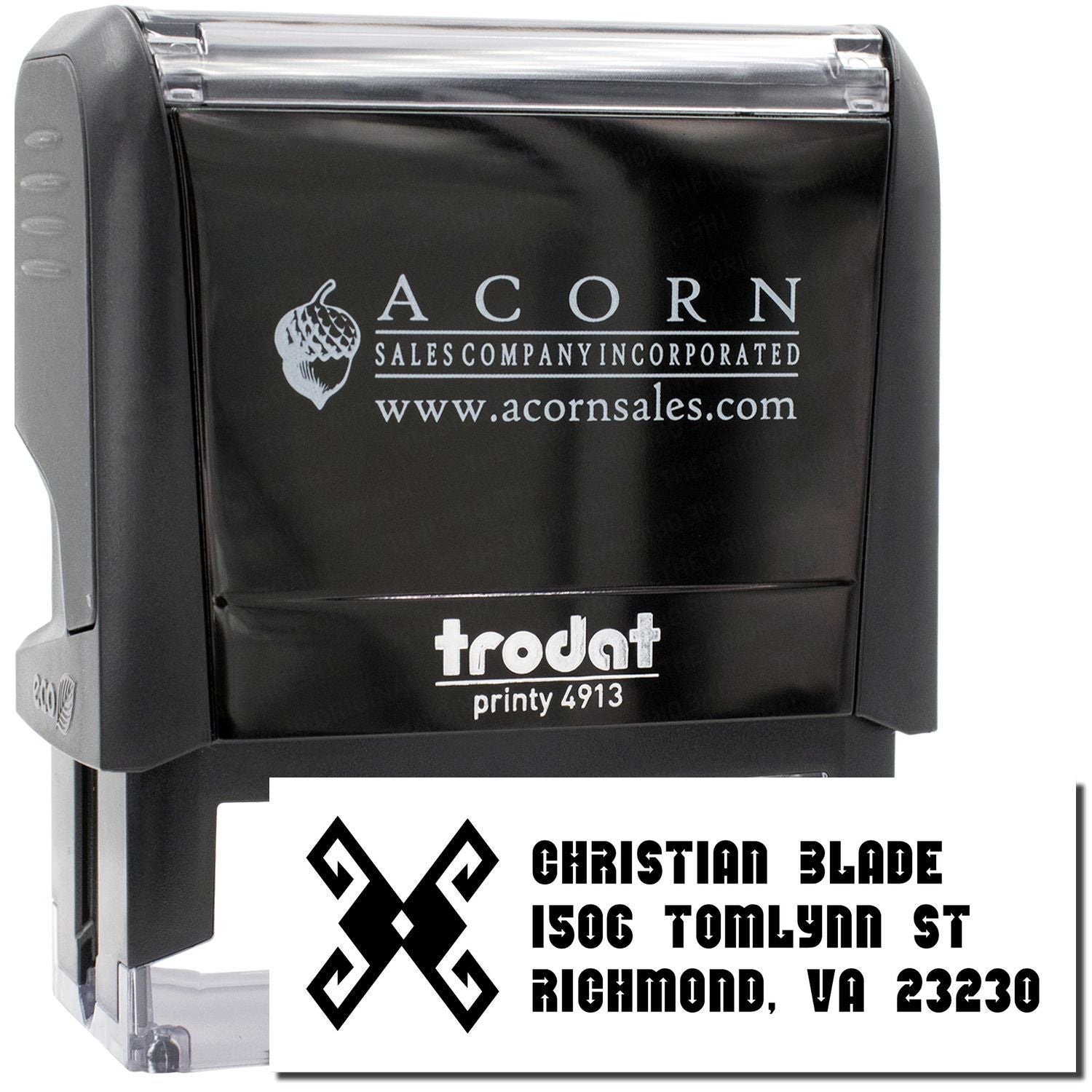 Trodat self-inking rubber stamp with custom business logo and address imprint for branded mailing and return-address use.