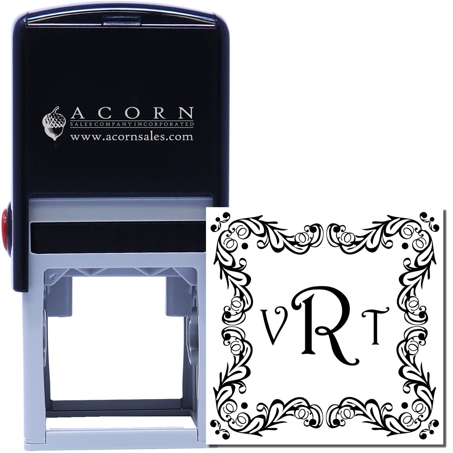 Custom self-inking rubber stamp with ornate floral border and VRT monogram, ideal for personalized wedding or business branding.
