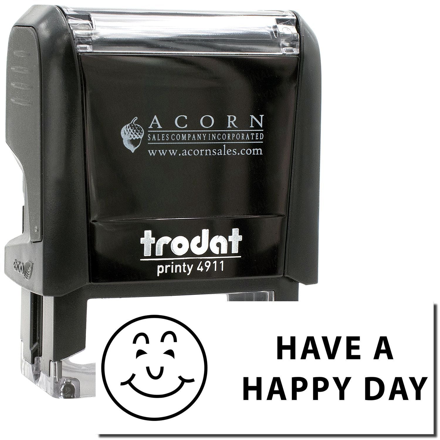 Trodat Printy 4911 self-inking stamp with Have a Happy Day smiley imprint, black custom rubber stamp.