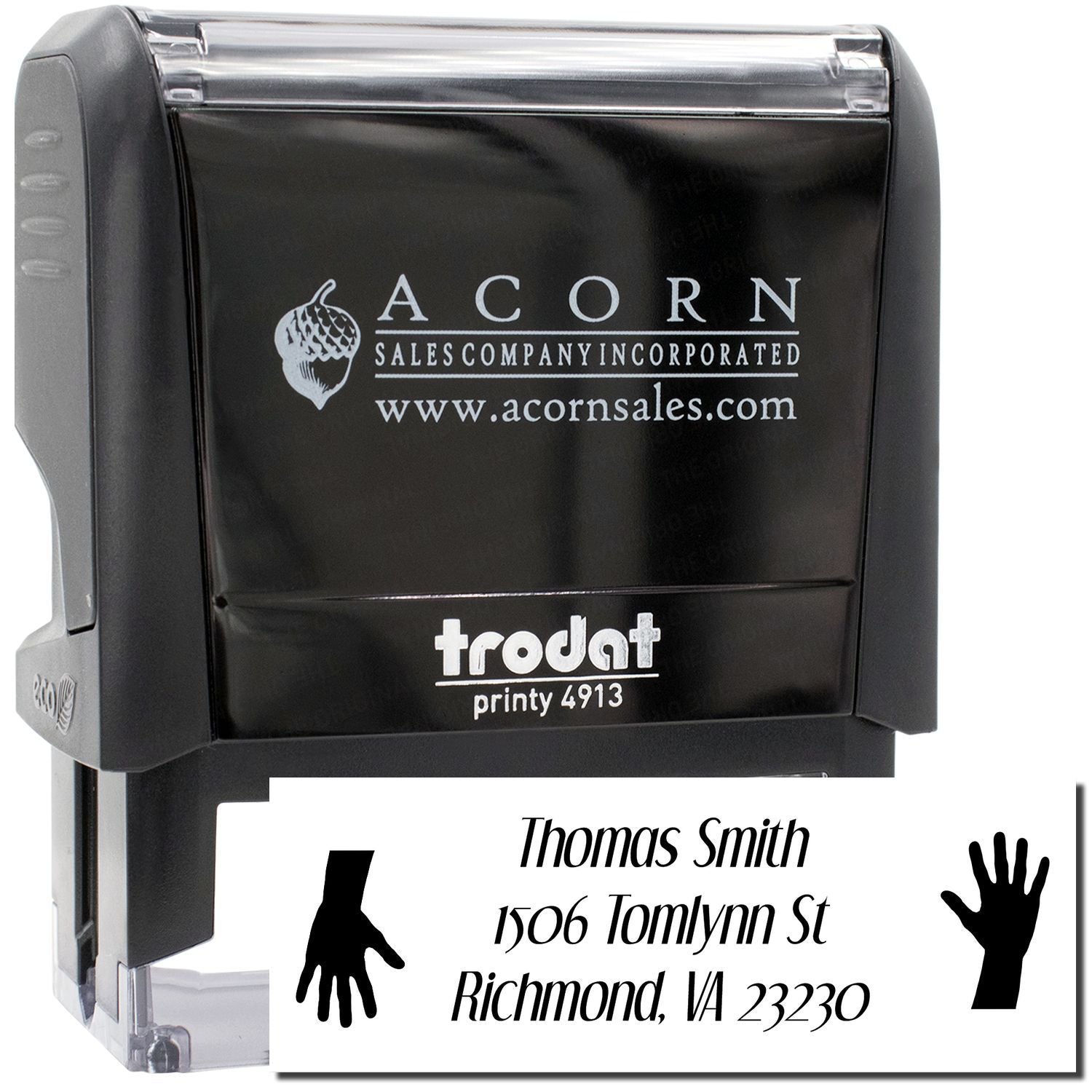 Custom self-inking rubber stamp with name and address imprint, Trodat Printy 4913 for business mailings.