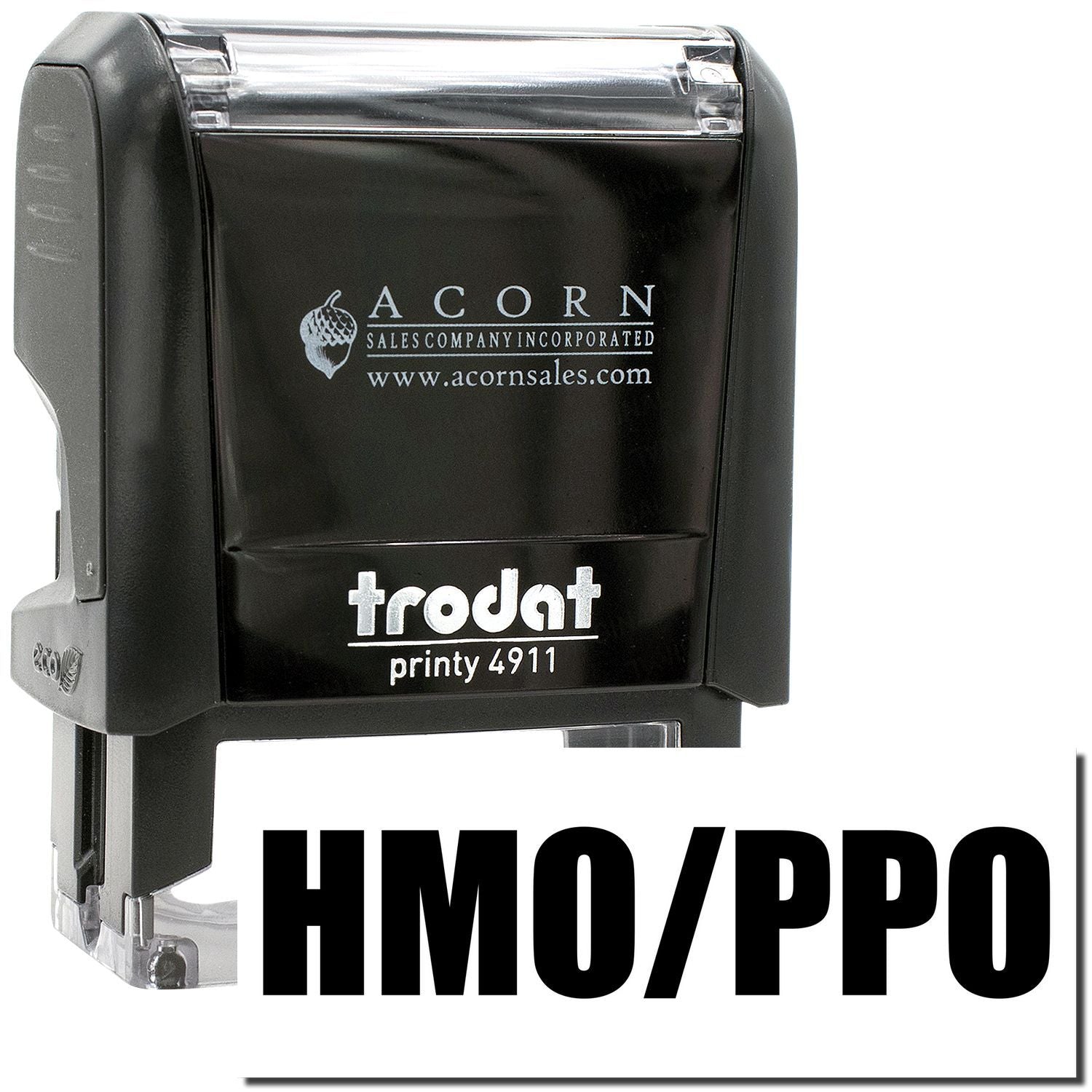 Black Trodat Printy 4911 HMO/PPO stamp by Acorn Sales, automatic self-inking office rubber stamp
