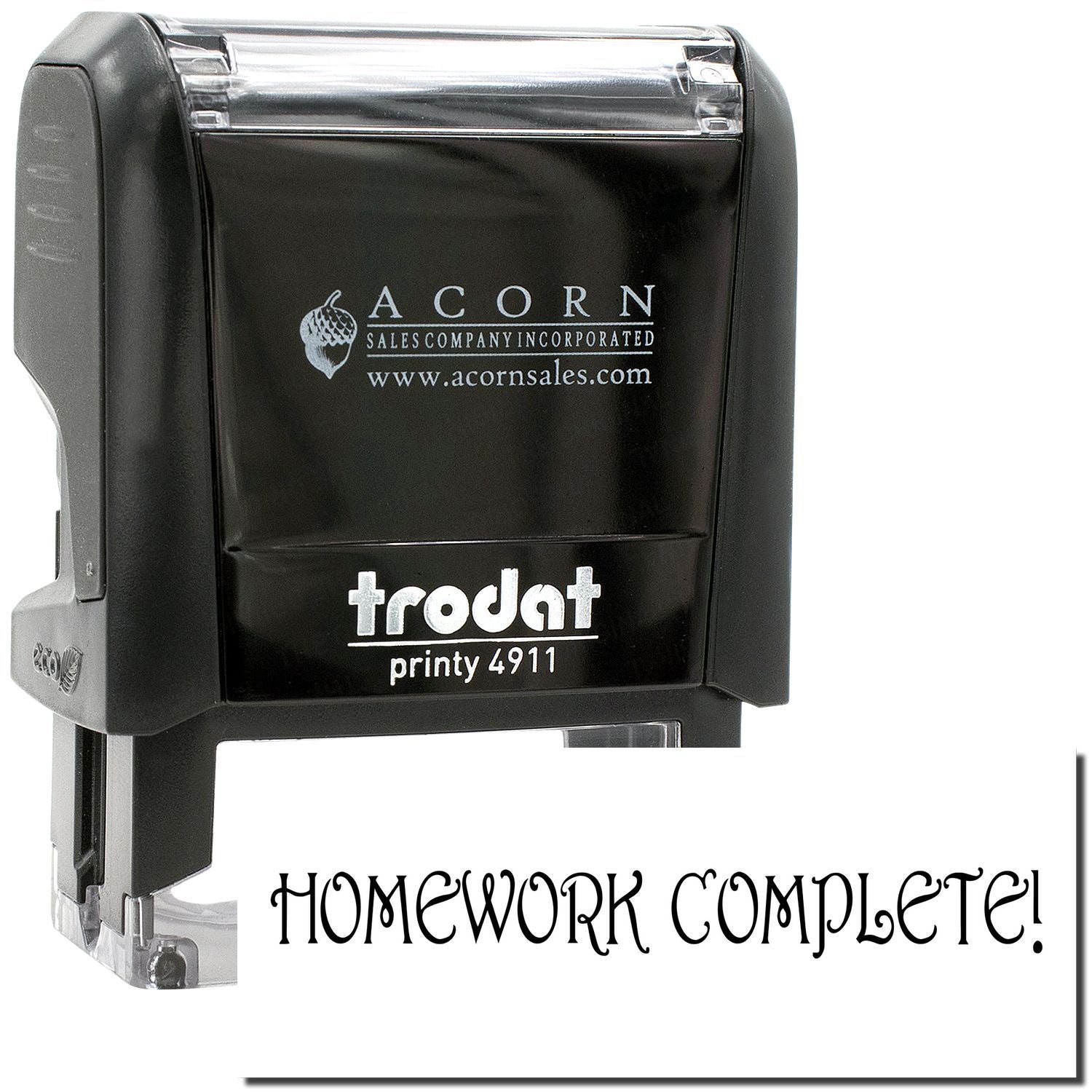 Trodat Printy 4911 self-inking homework complete stamp with Acorn Sales logo, black office stamp for teachers and students