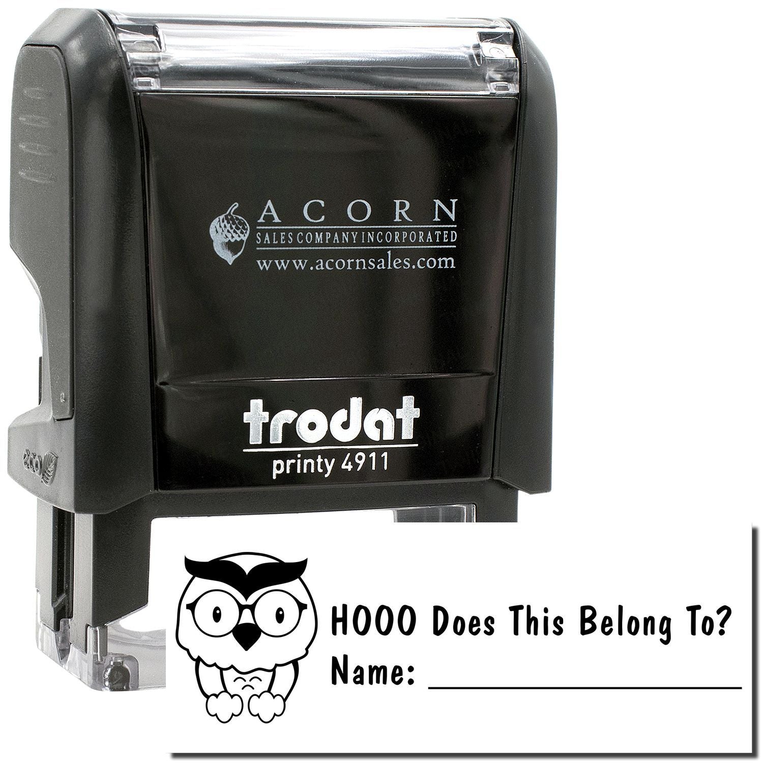 Black Trodat Printy 4911 self-inking name stamp with owl HOOO Does This Belong To? label for school and office use