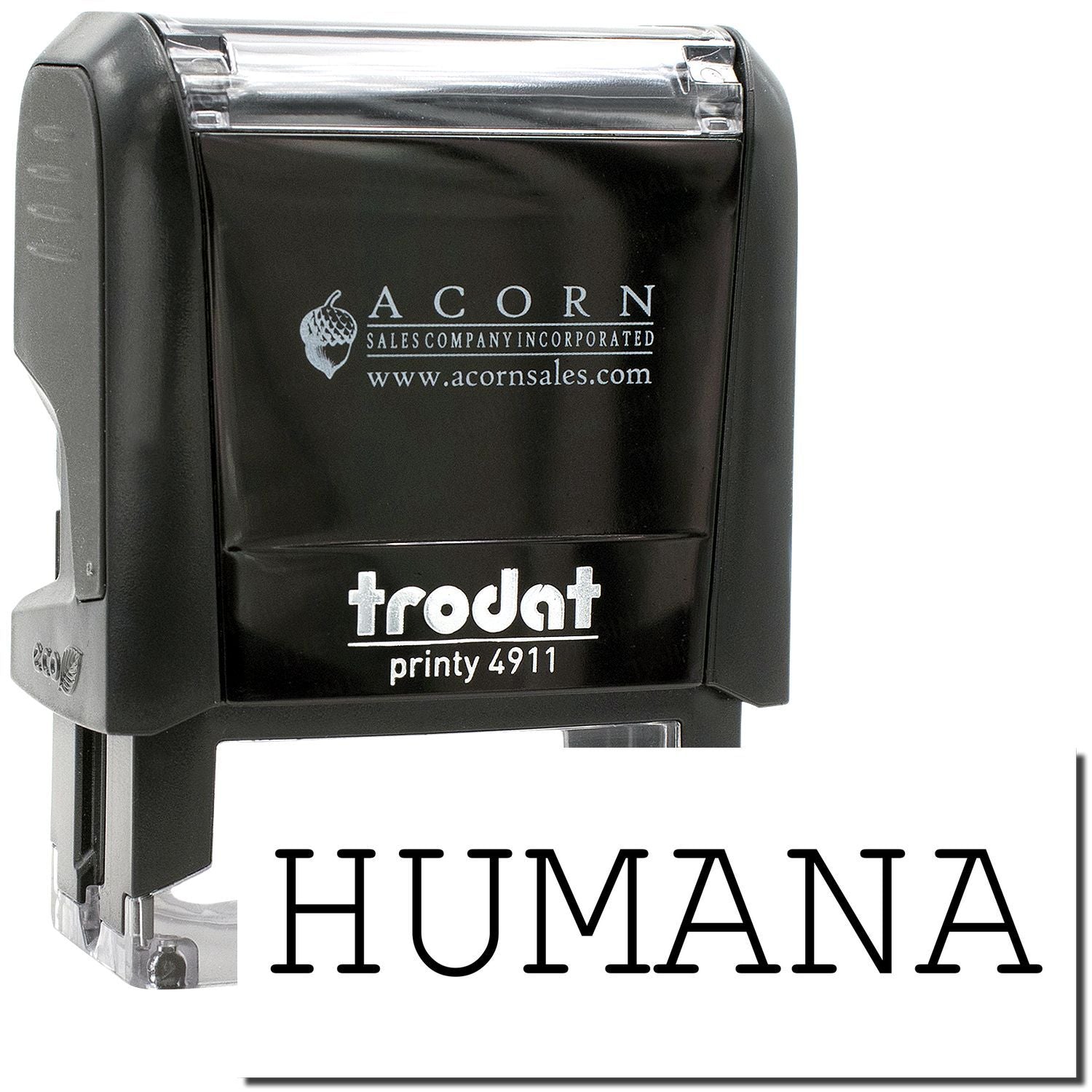 Black Trodat Printy 4911 self-inking stamp with Humana logo and Acorn Sales branding