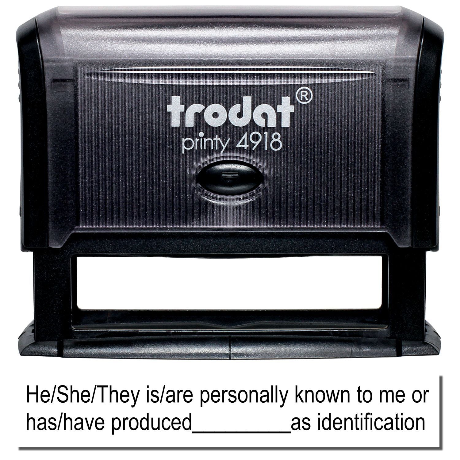 Trodat Printy 4918 self-inking stamp with identification statement text area.