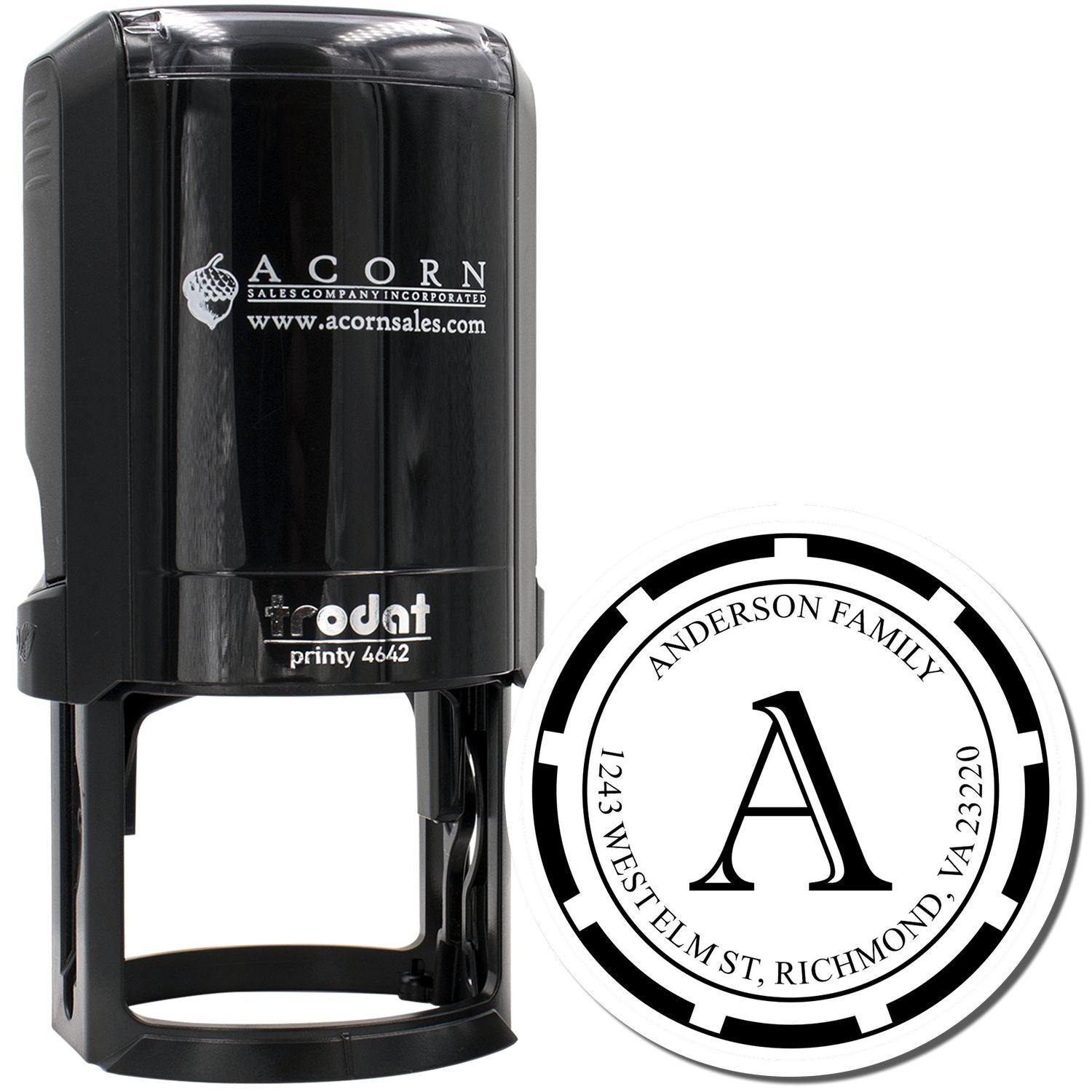Custom self-inking rubber address stamp with monogram and family name, shown with Trodat Printy 4642 stamp mount.