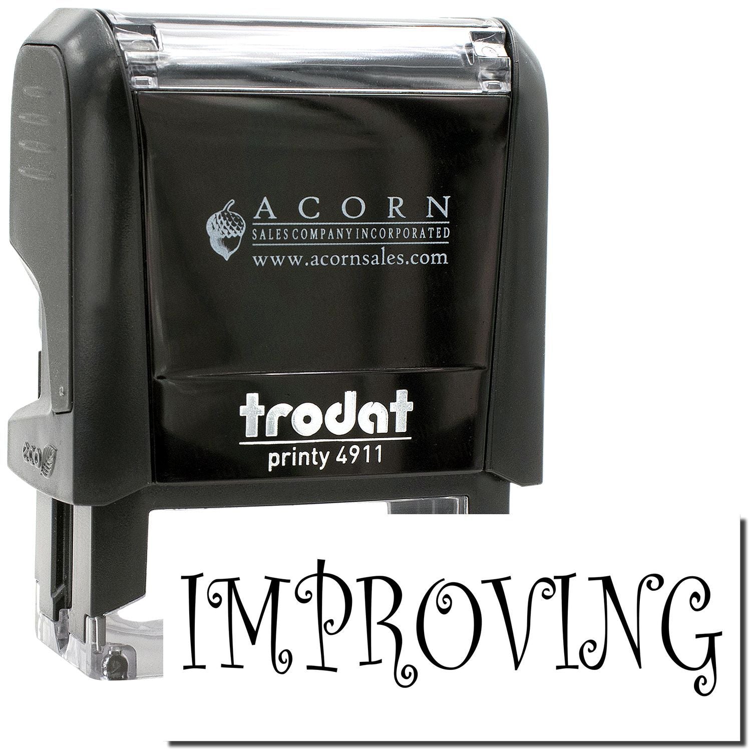 Trodat Printy 4911 self-inking stamp with IMPROVING imprint on white paper.