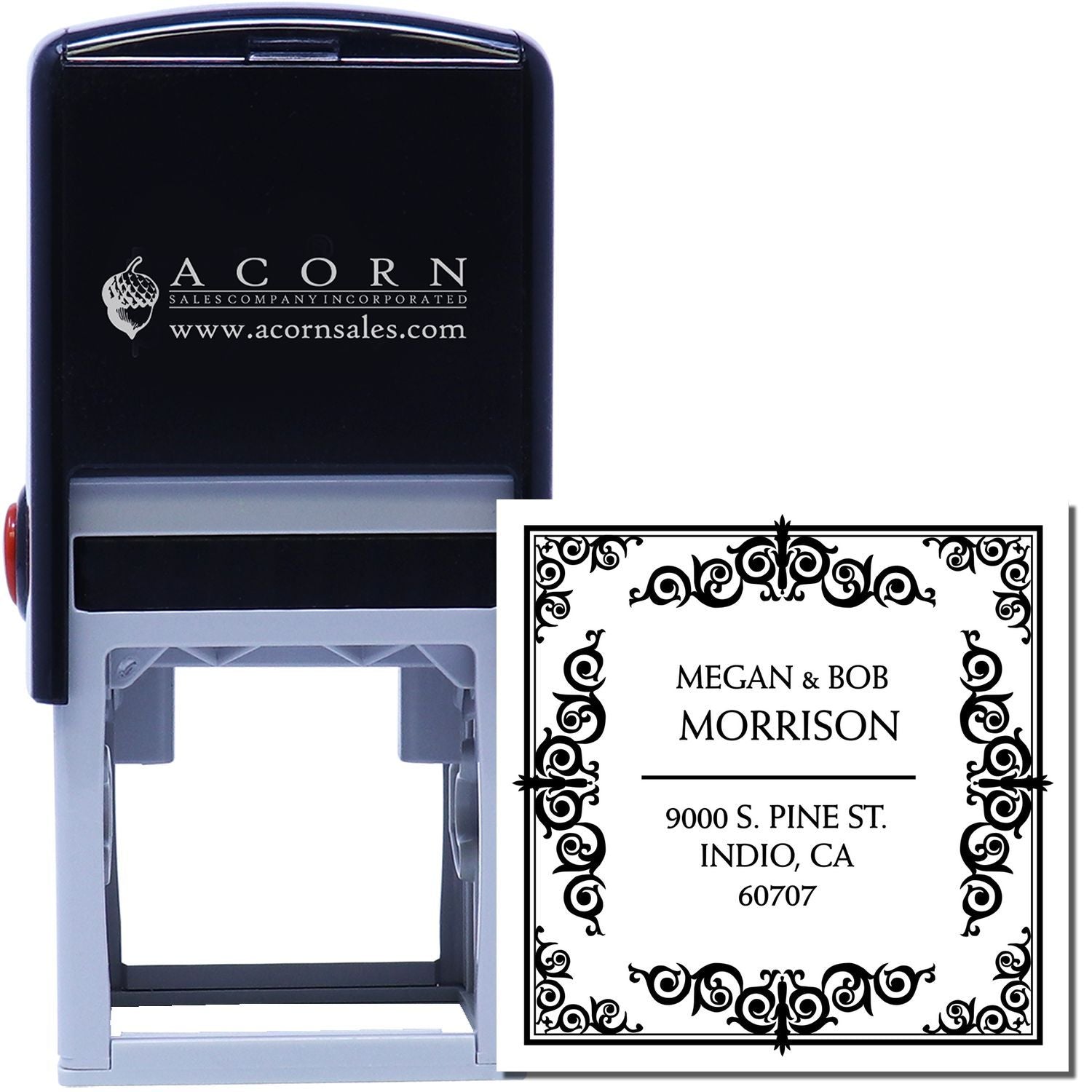 Custom self-inking rubber address stamp with ornate border and name, ideal for personal or wedding mailings.
