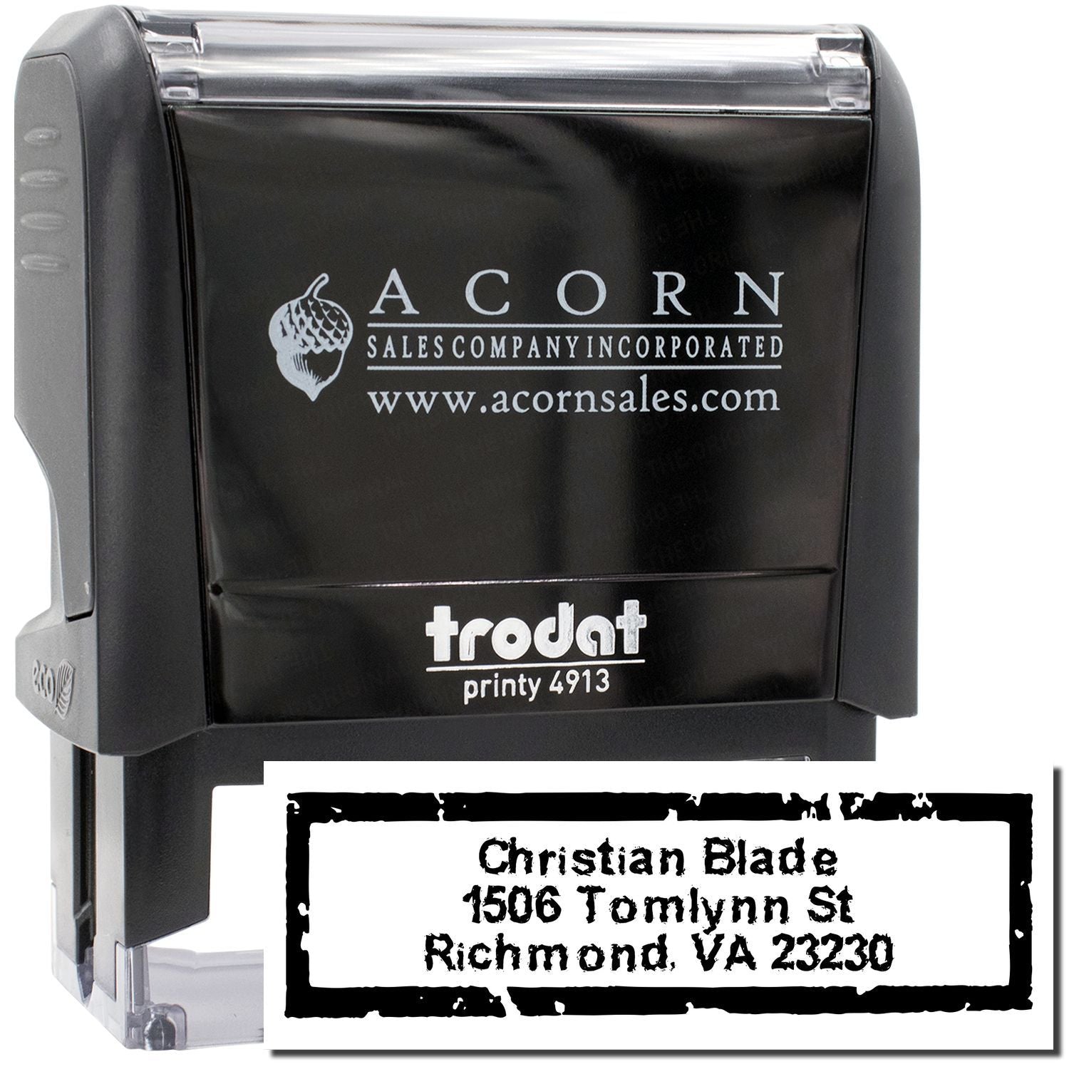 Trodat Printy self-inking address stamp with custom business logo and return address imprint