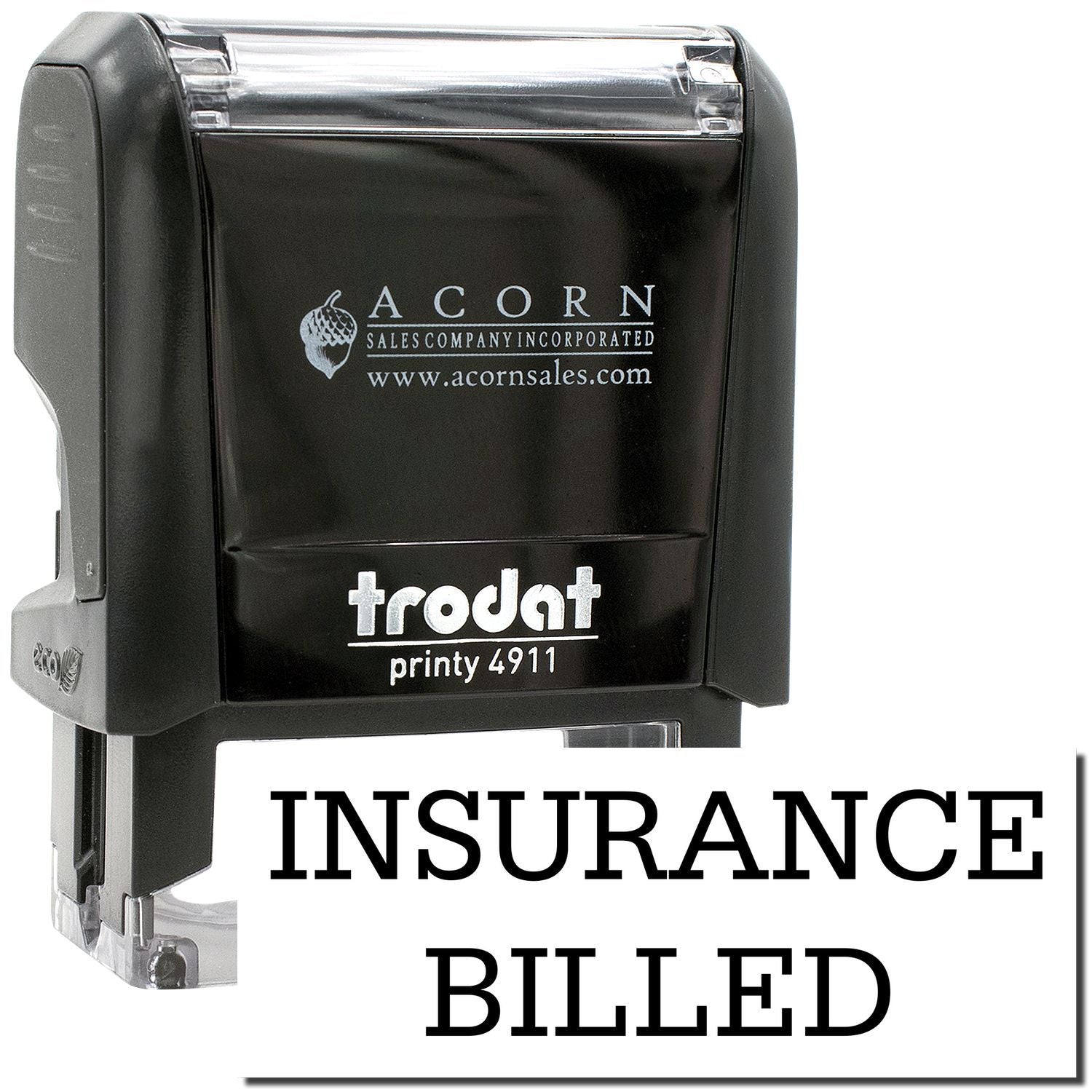 Black Trodat Printy 4911 self-inking stamp with Insurance Billed text and Acorn Sales logo on a white background