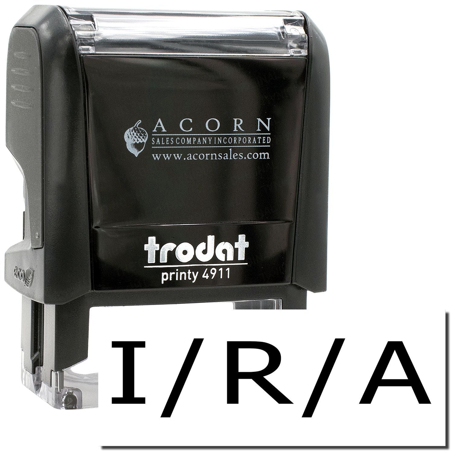 Trodat Printy 4911 self-inking stamp with Acorn Sales logo and IRA text in black ink