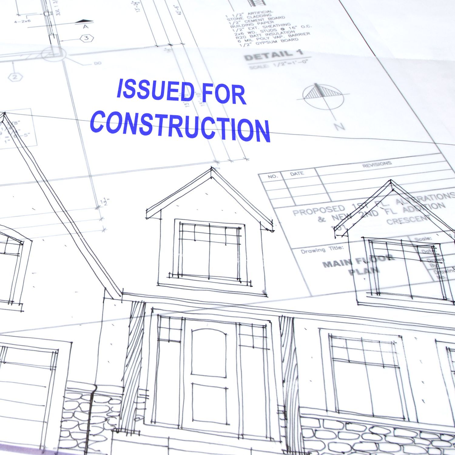 Issued for construction architectural blueprint with house floor plan and elevation drawings for a residential building.