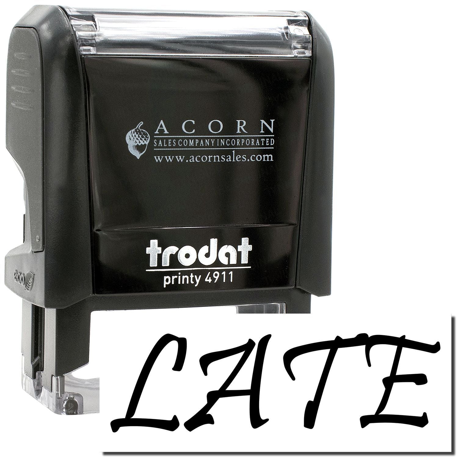 Trodat Printy 4911 self-inking rubber stamp with LATE imprint and black Acorn Sales case