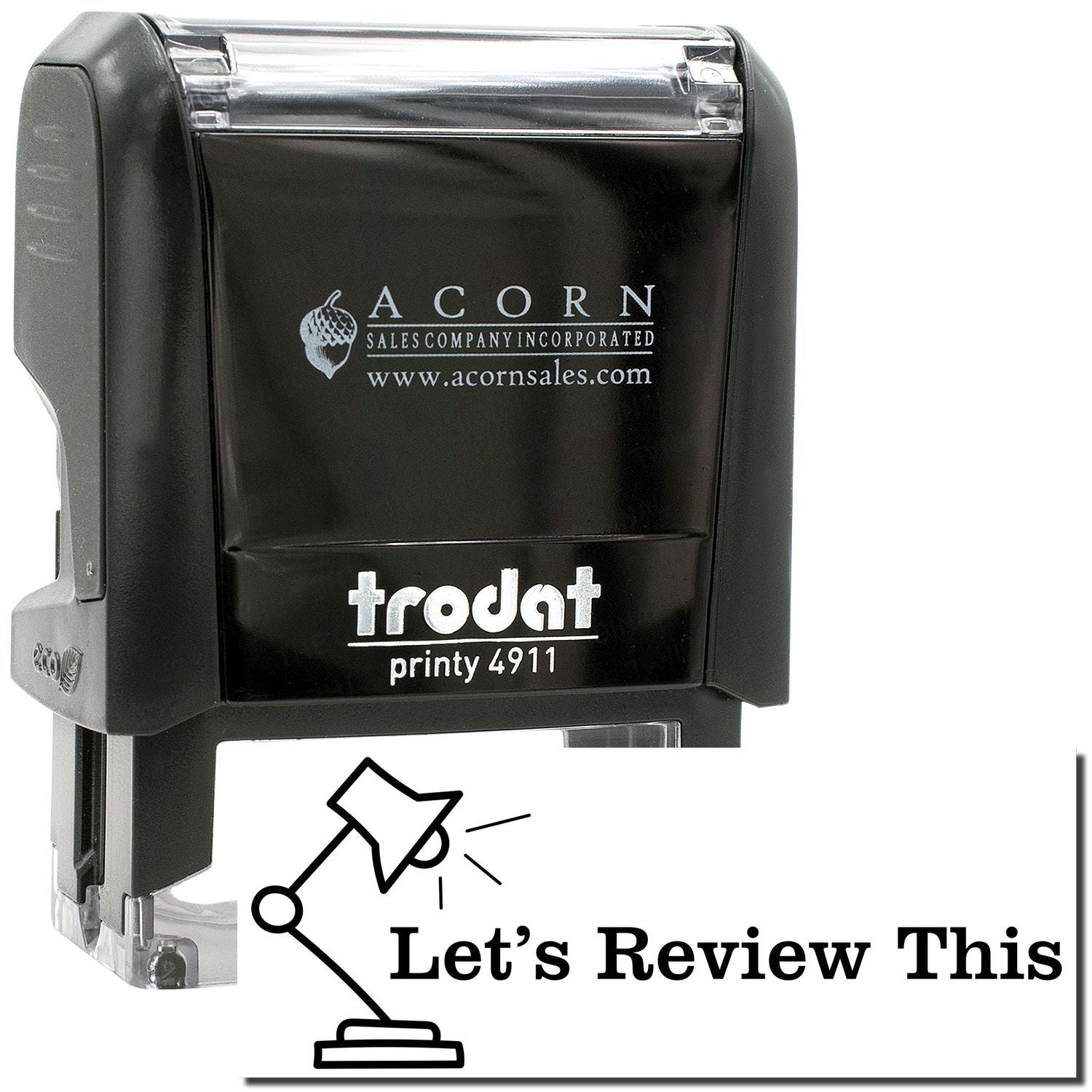 Black Trodat Printy 4911 self-inking stamp by Acorn Sales with custom review logo design.