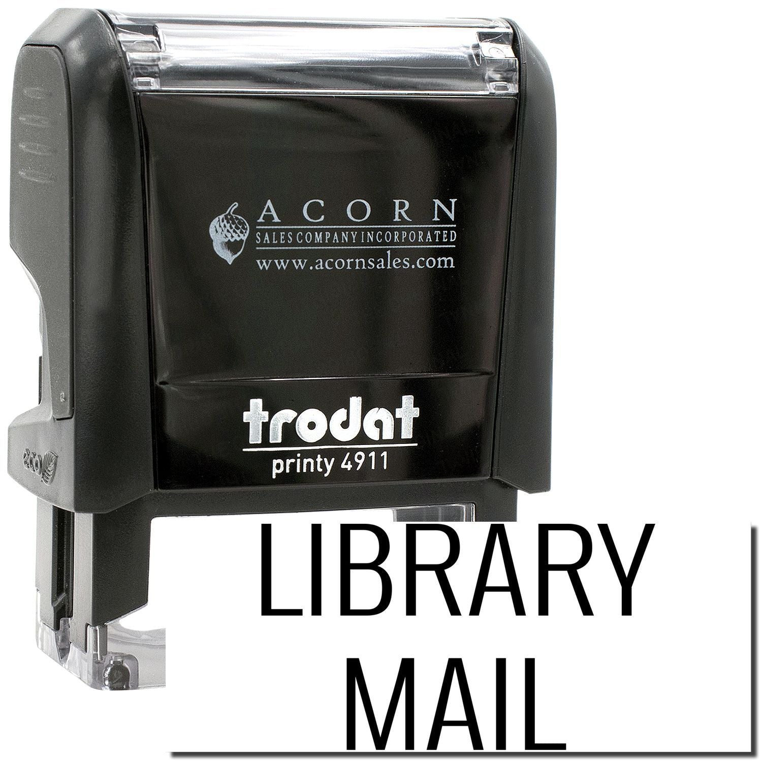 Trodat Printy 4911 library mail self-inking stamp by Acorn Sales Company, black office rubber stamp.