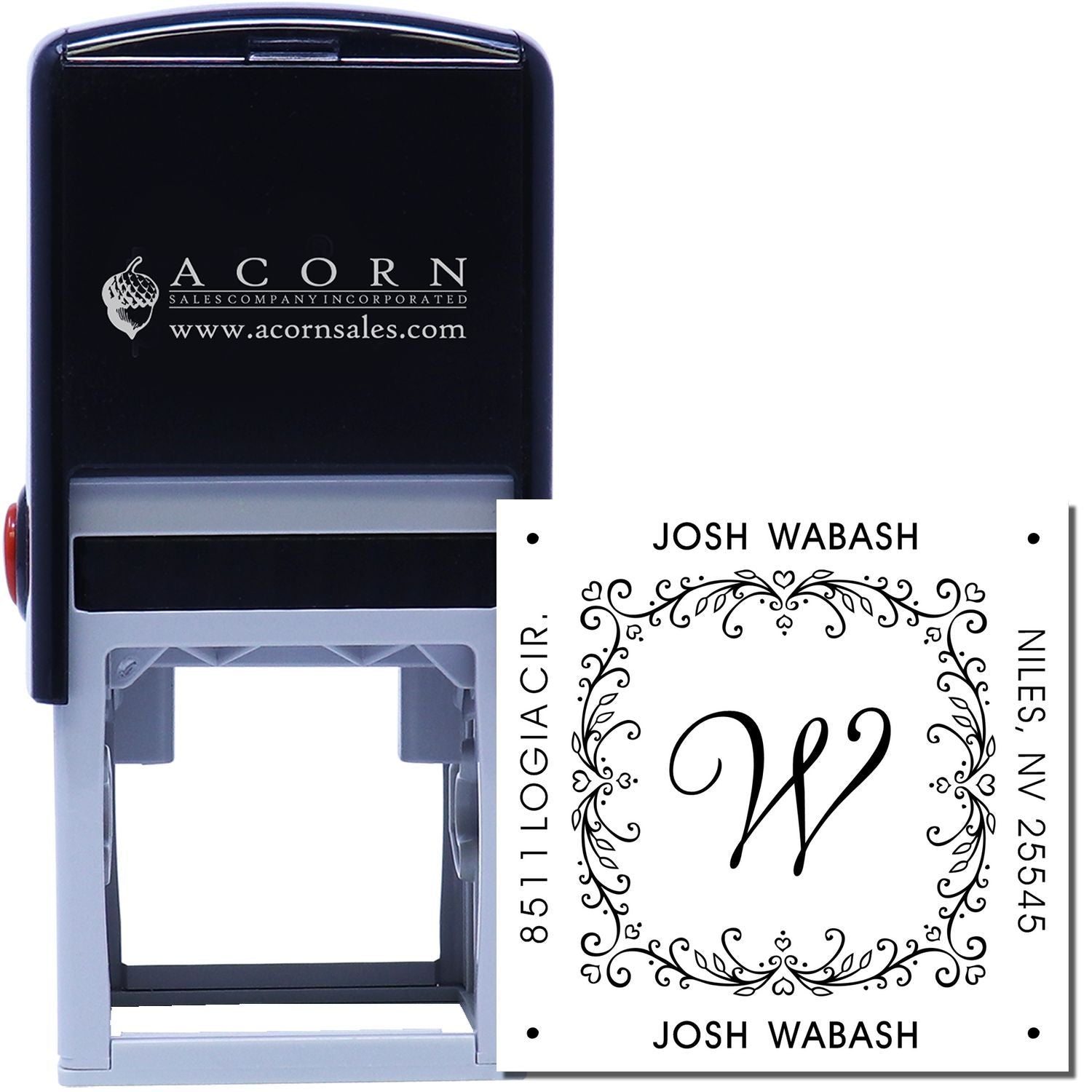 Custom self-inking address stamp with monogram, decorative border, and personalized name and location for mailing.