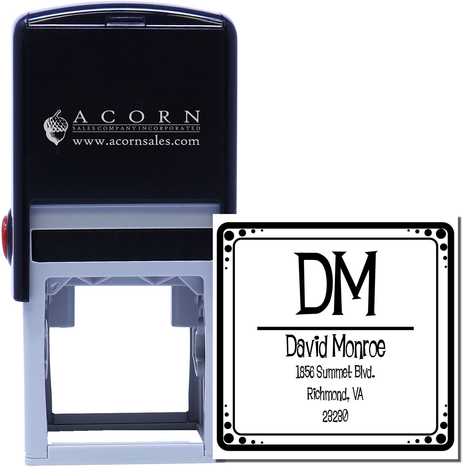 Custom self-inking rubber stamp with DM monogram and address imprint for David Monroe, ideal for mailing and branding.
