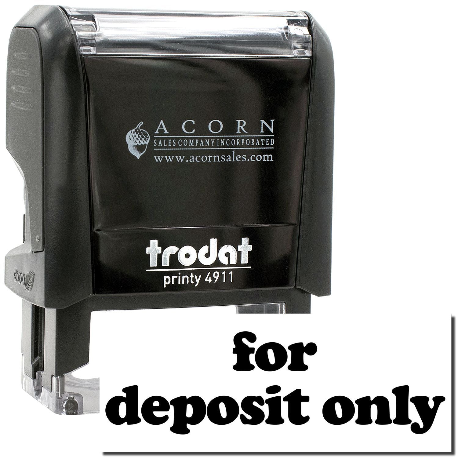 Black Trodat Printy 4911 for deposit only stamp, Acorn Sales self-inking bank endorsement stamp for checks.