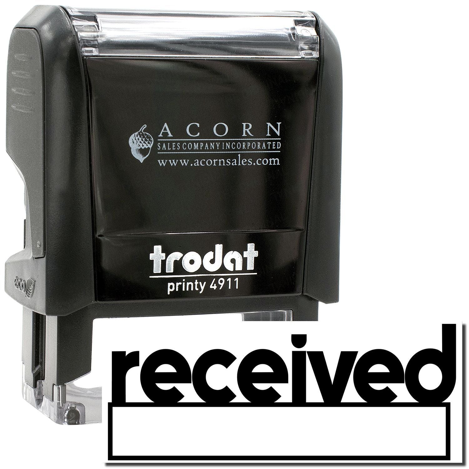 Black Trodat Printy 4911 self-inking received stamp by Acorn Sales Company, office date stamp for mail and documents